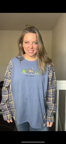 Upcycled Moose – women’s XL T-shirt with flannel sleeves