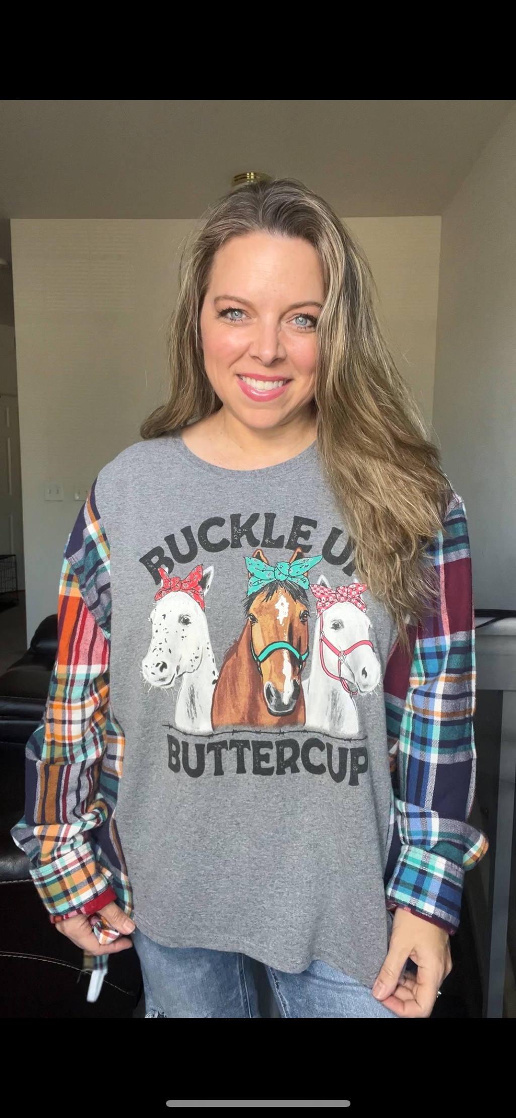 Upcycled Buckle up – women’s 2X T-shirt with flannel sleeves