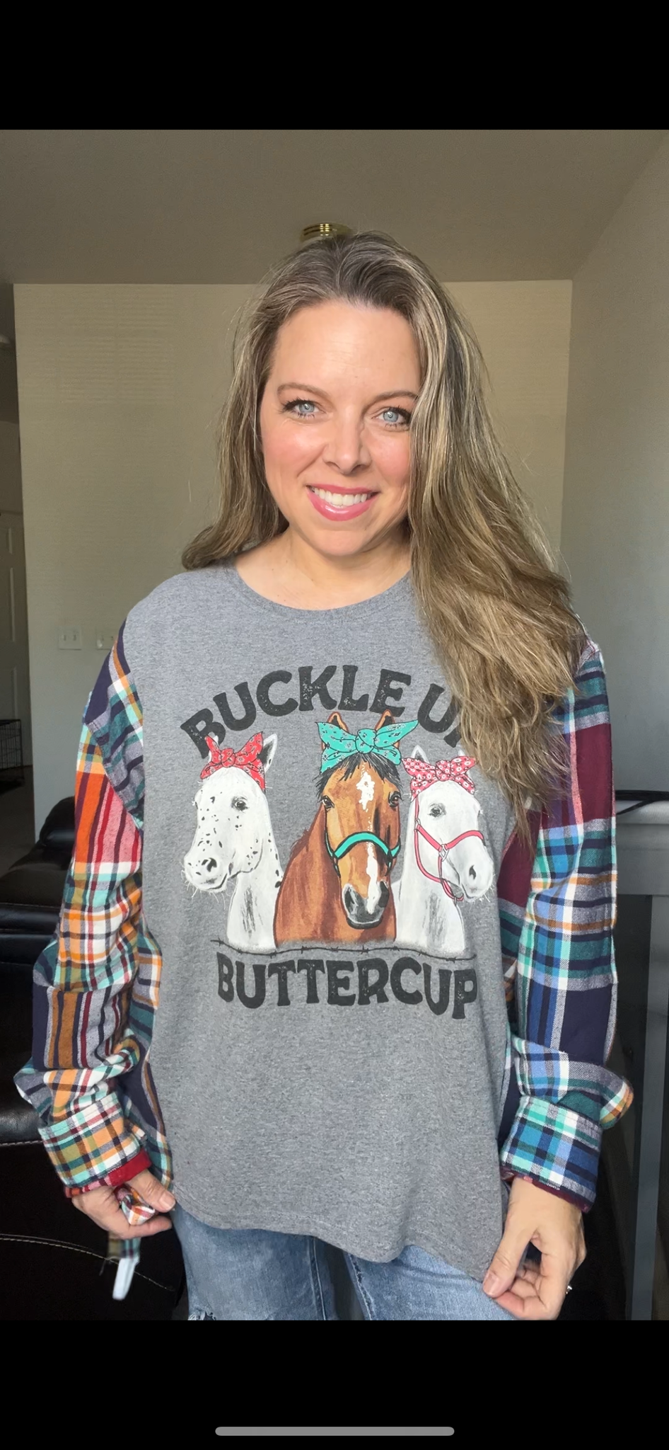 Upcycled Buckle up – women’s 2X T-shirt with flannel sleeves