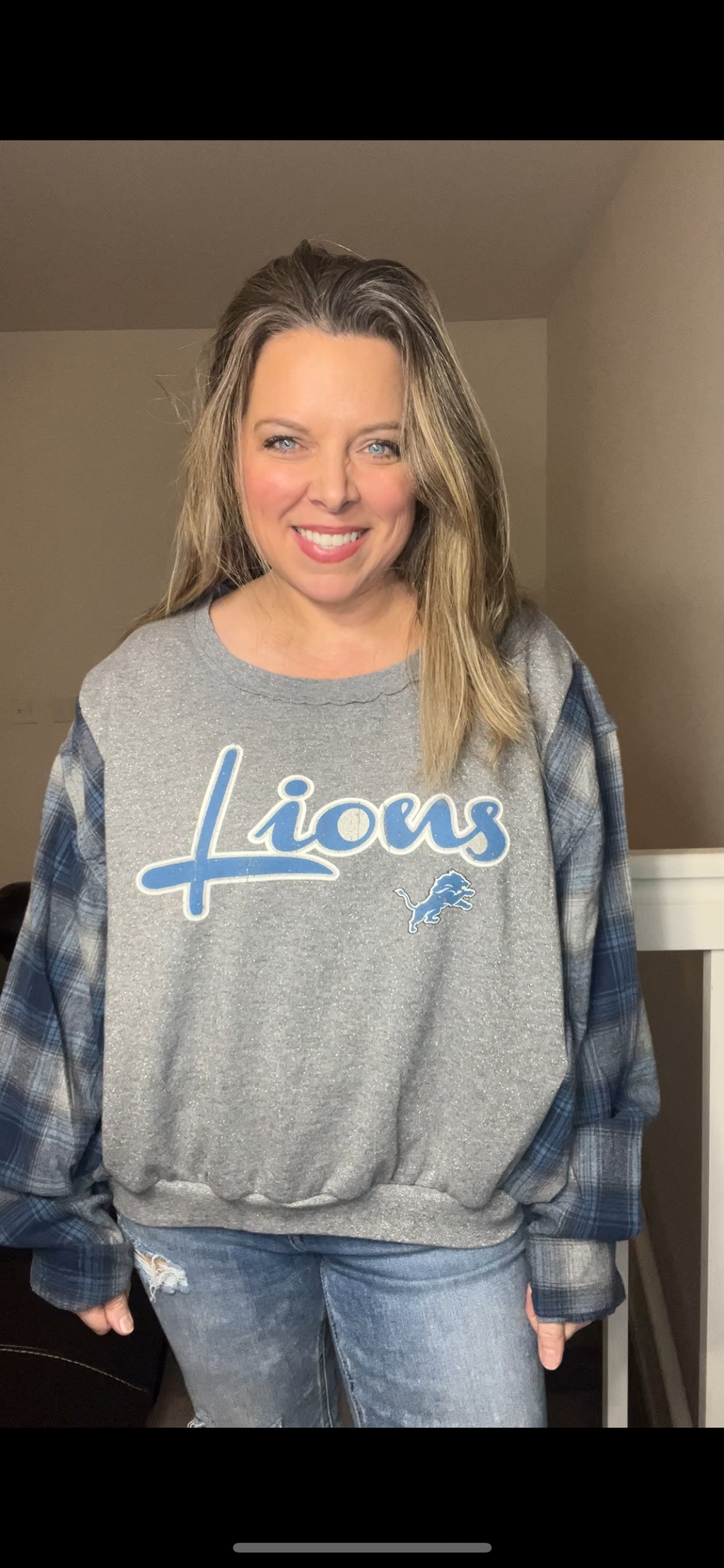 Upcycled Lions – women’s medium – midweight sweatshirt with flannel sleeves