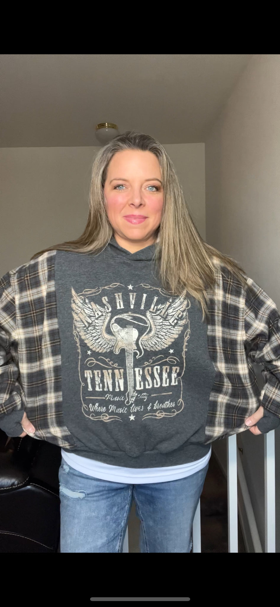 Upcycled Nashville – women’s medium – thin sweatshirt with flannel sleeves – thumb holes on cuffs ￼