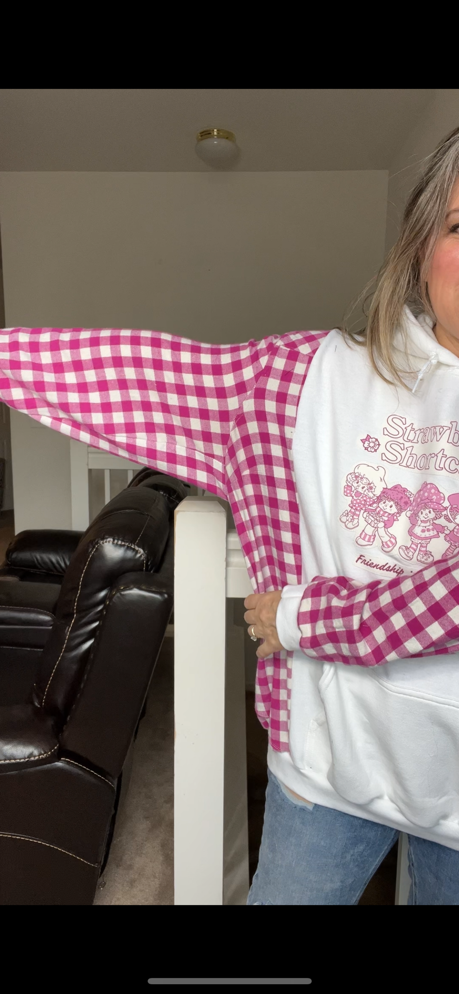 Upcycled Strawberry shortcake – women’s 3X midweight sweatshirt with flannel sleeves