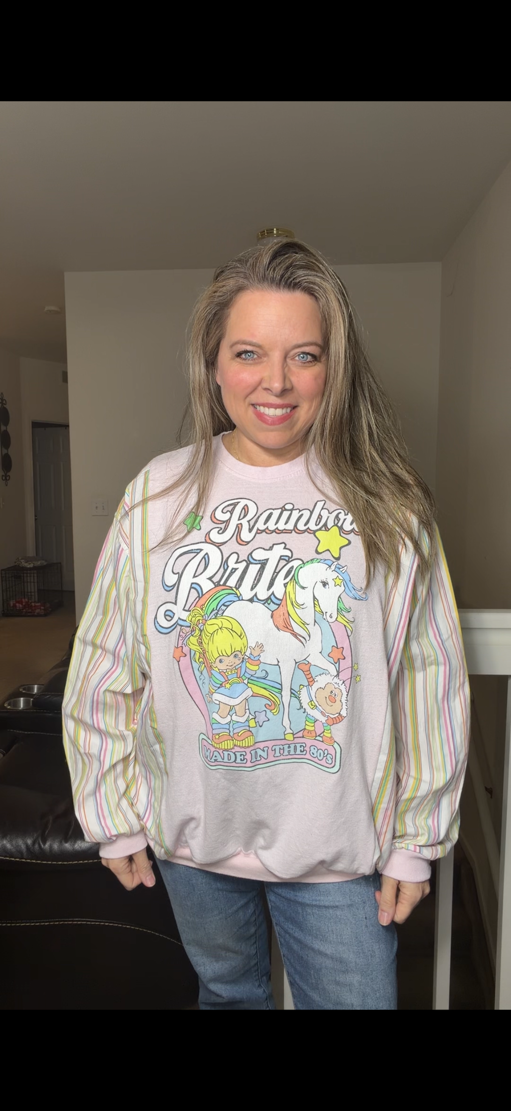 Upcycled Rainbow Brite - women's large/XL T-shirt with cotton sleeves