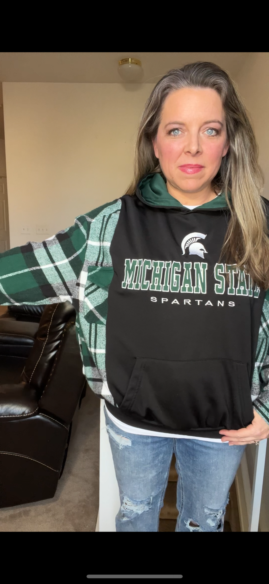 Upcycled MSU - women’s medium – midweight sweatshirt with flannel sleeves￼