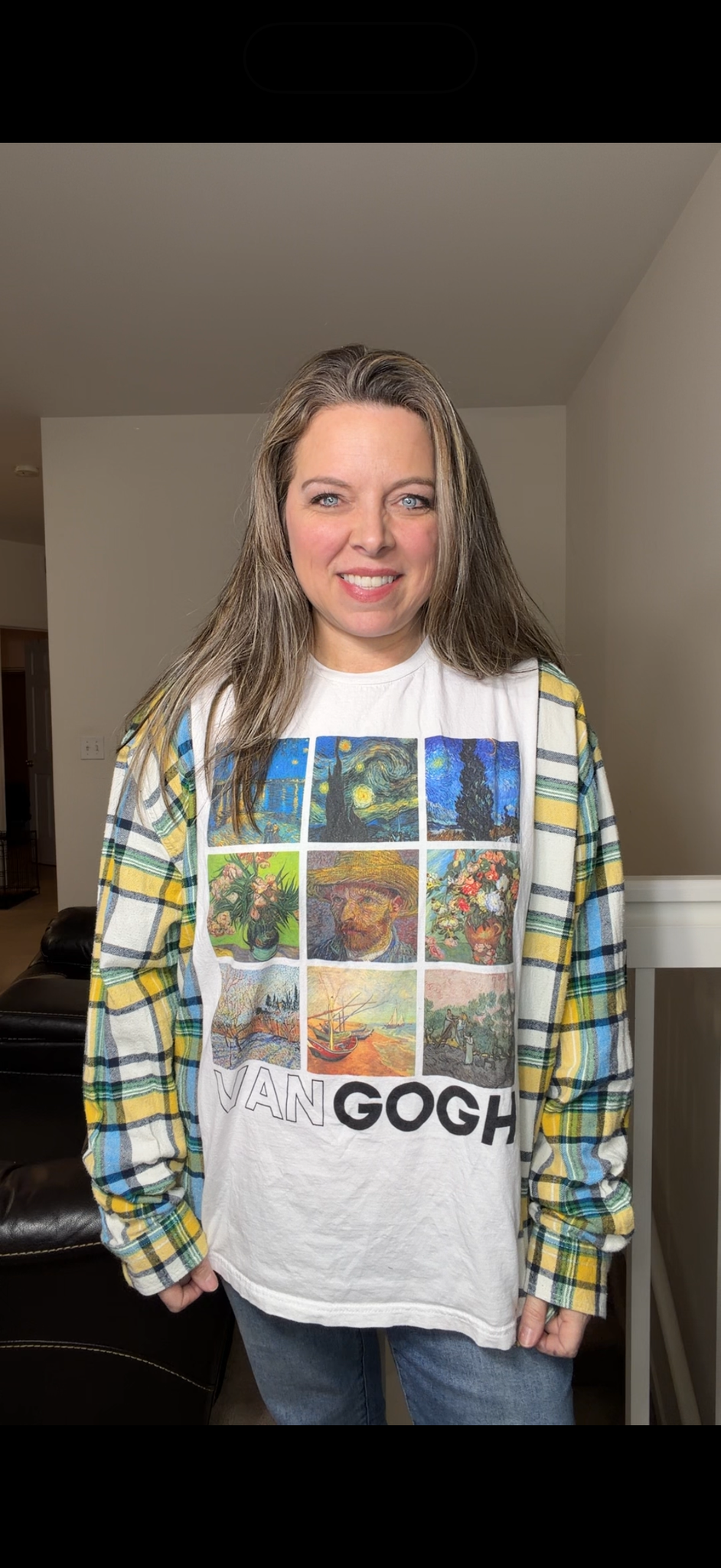 Upcycled Van Gogh - women's XL T-shirt with flannel sleeves