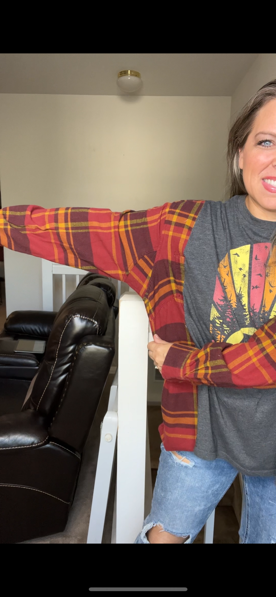 Upcycled Camping – women’s large/XL T-shirt with flannel sleeves