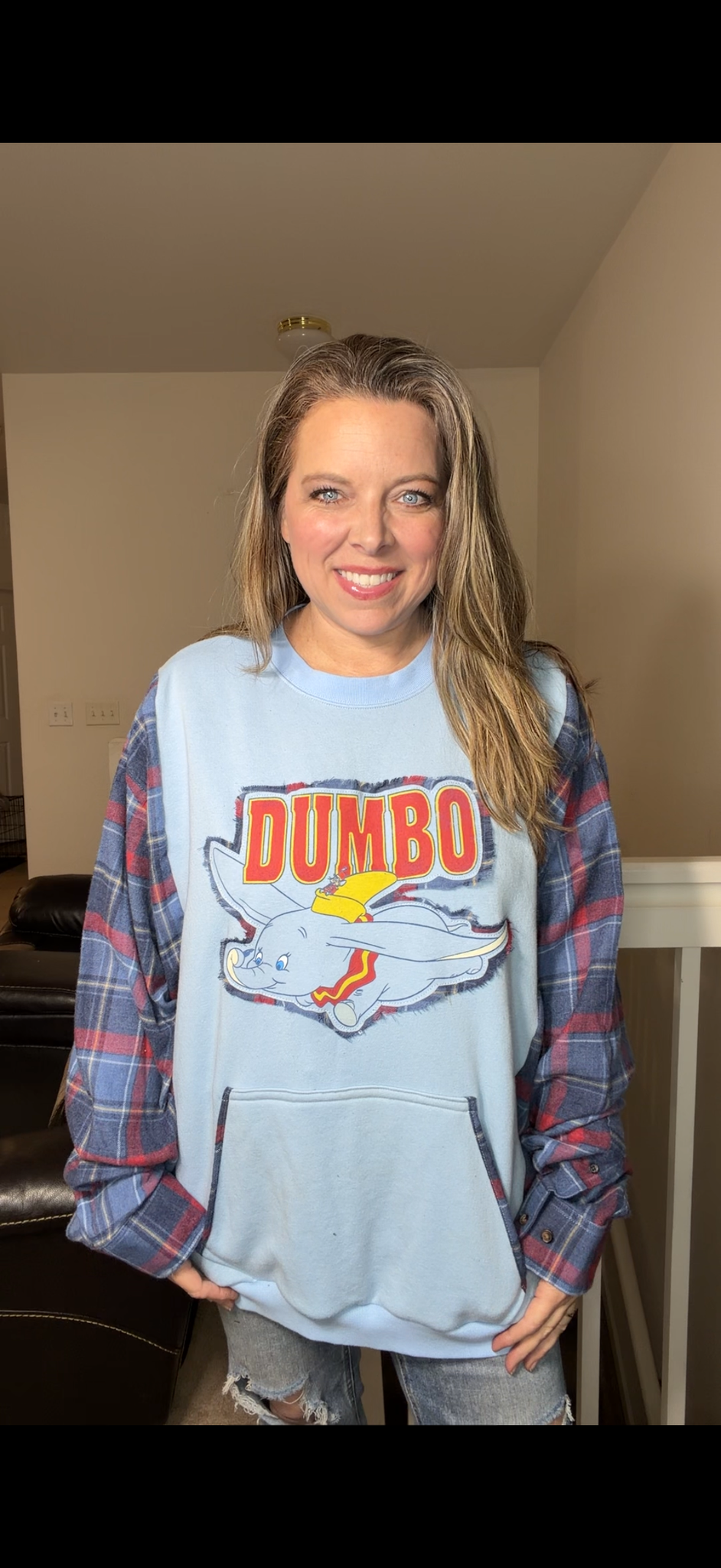 Upcycled Dumbo – women’s 4X/5X midweight sweatshirt with flannel sleeves
