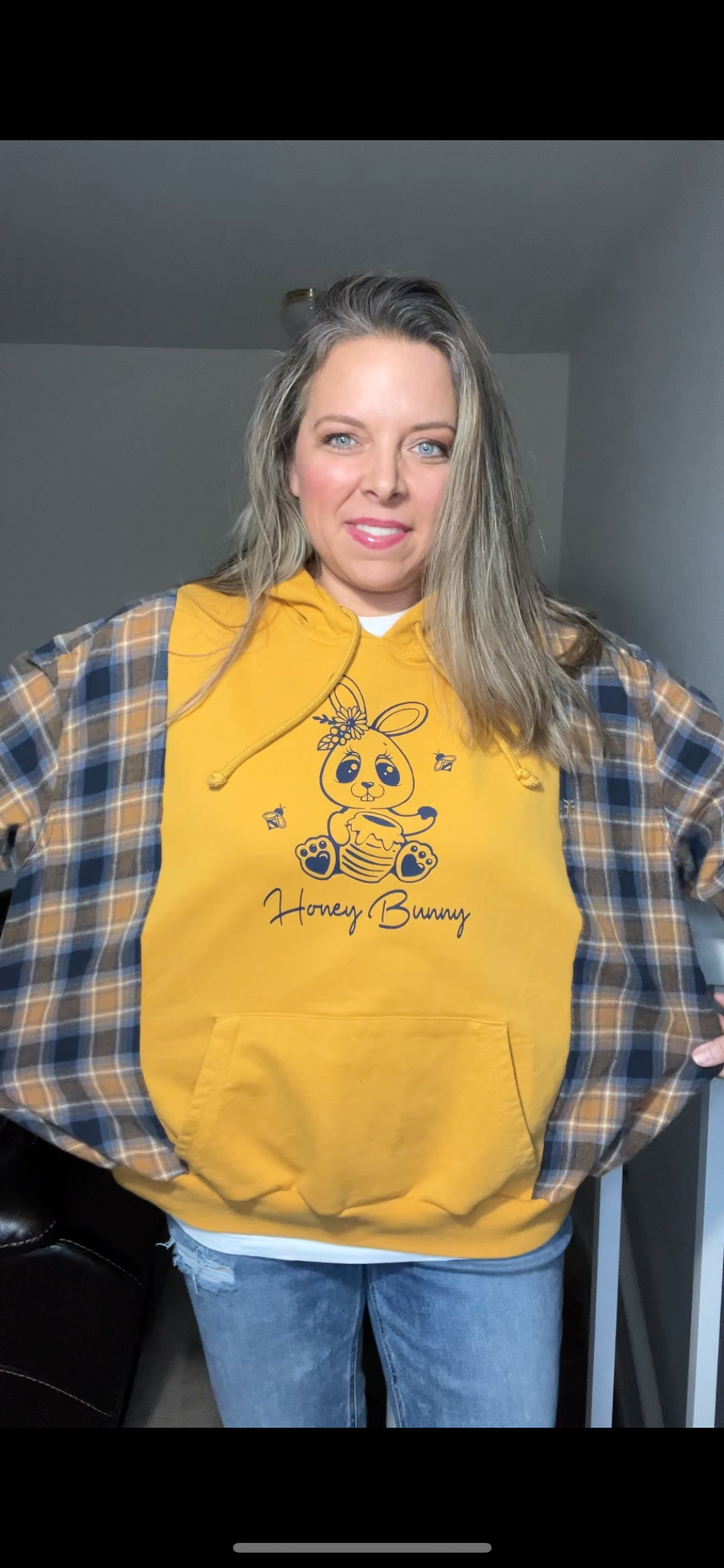 Upcycled Honey Bunny Yellow – women’s large – midweight sweatshirt with flannel sleeves￼