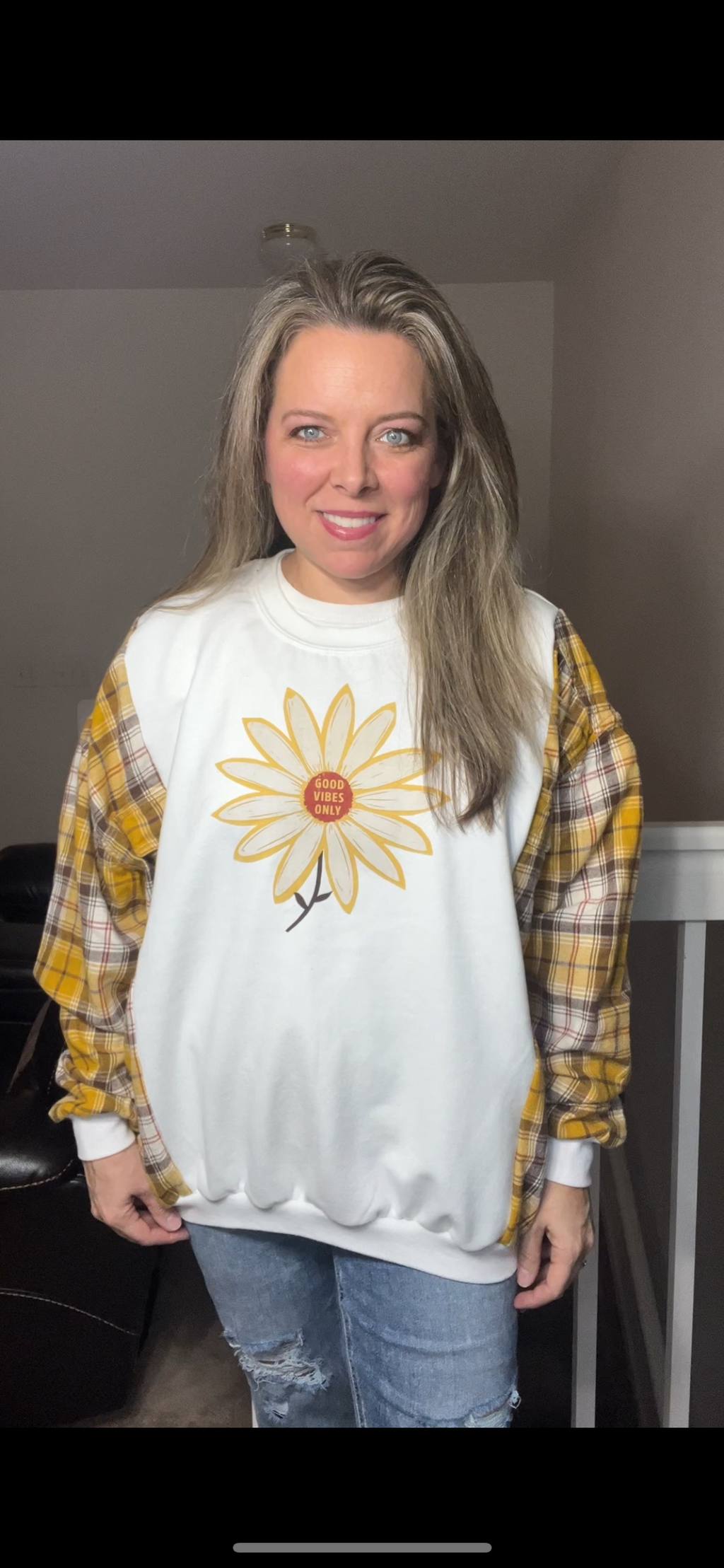 Upcycled Good Vibes - woman’s XL – midweight sweatshirt with flannel sleeves