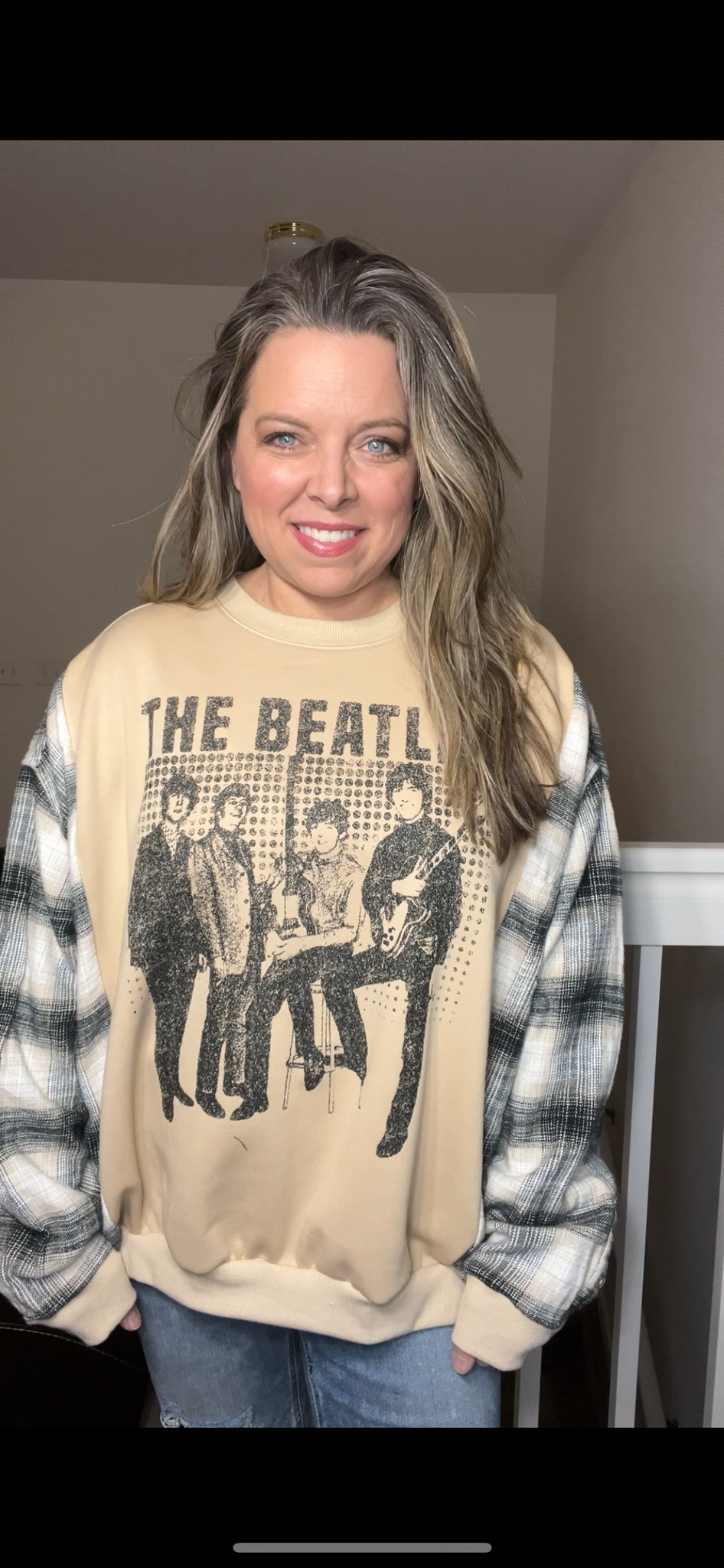 Upcycled Beatles – women’s 2X – midweight sweatshirt with flannel sleeves