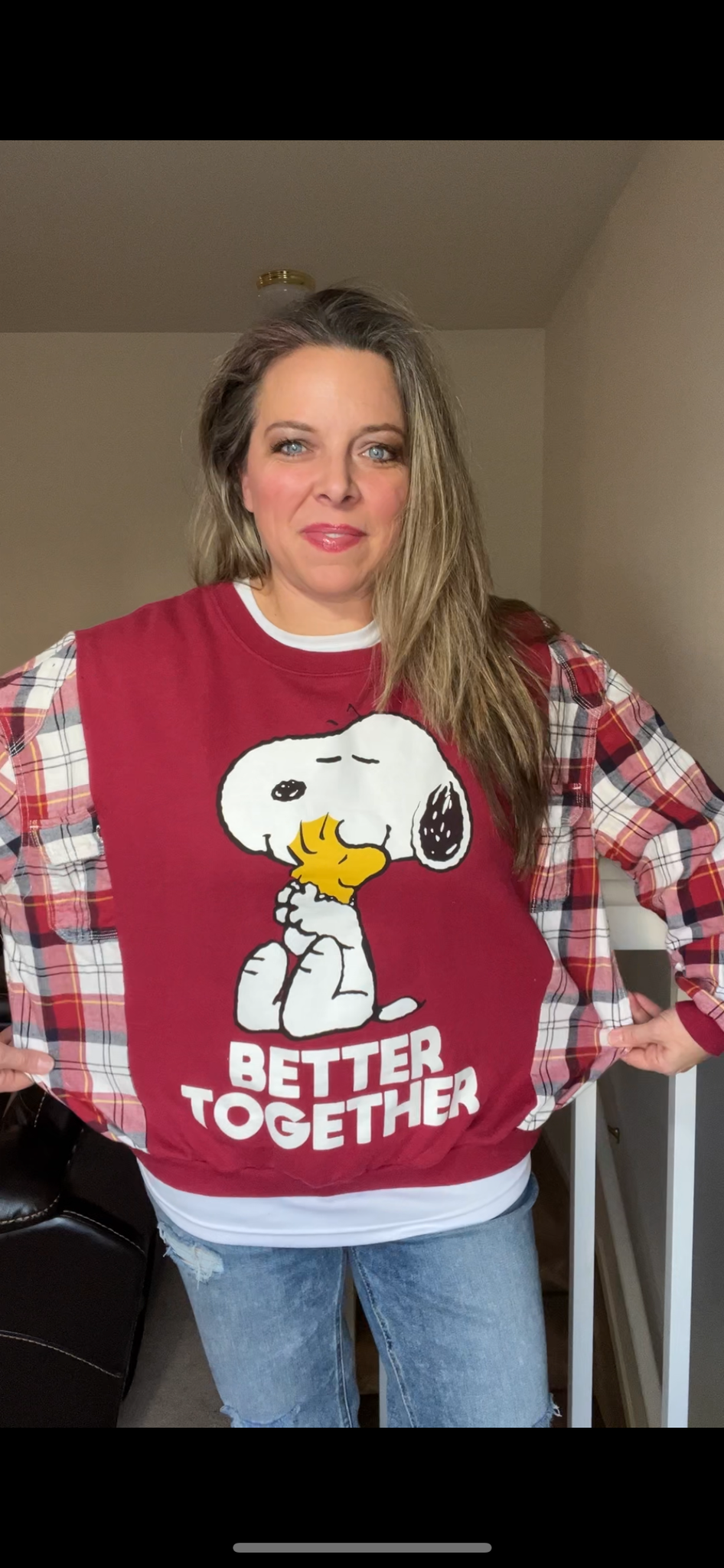 Upcycled Snoopy – women’s S/M – midweight sweatshirt with flannel sleeves￼