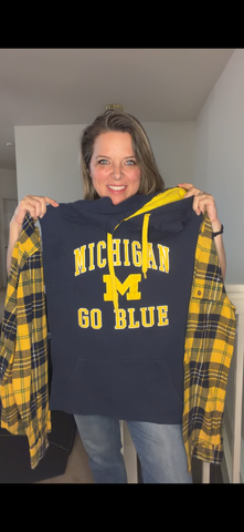 Upcycled UofM - pick your size (XS-2X) - midweight Sweatshirt with flannel sleeves ￼