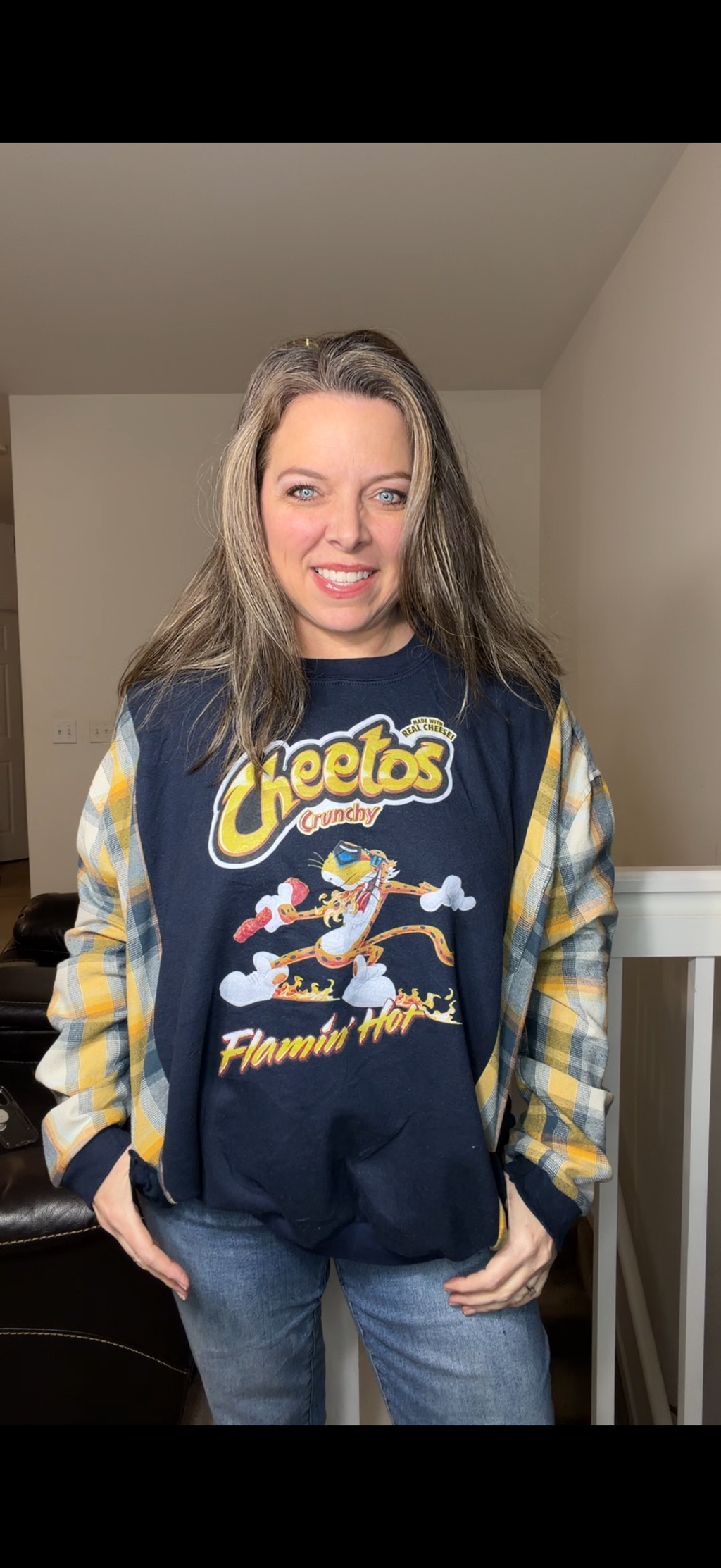 Upcycled Cheetos - women's XL – midweight sweatshirt with flannel sleeves