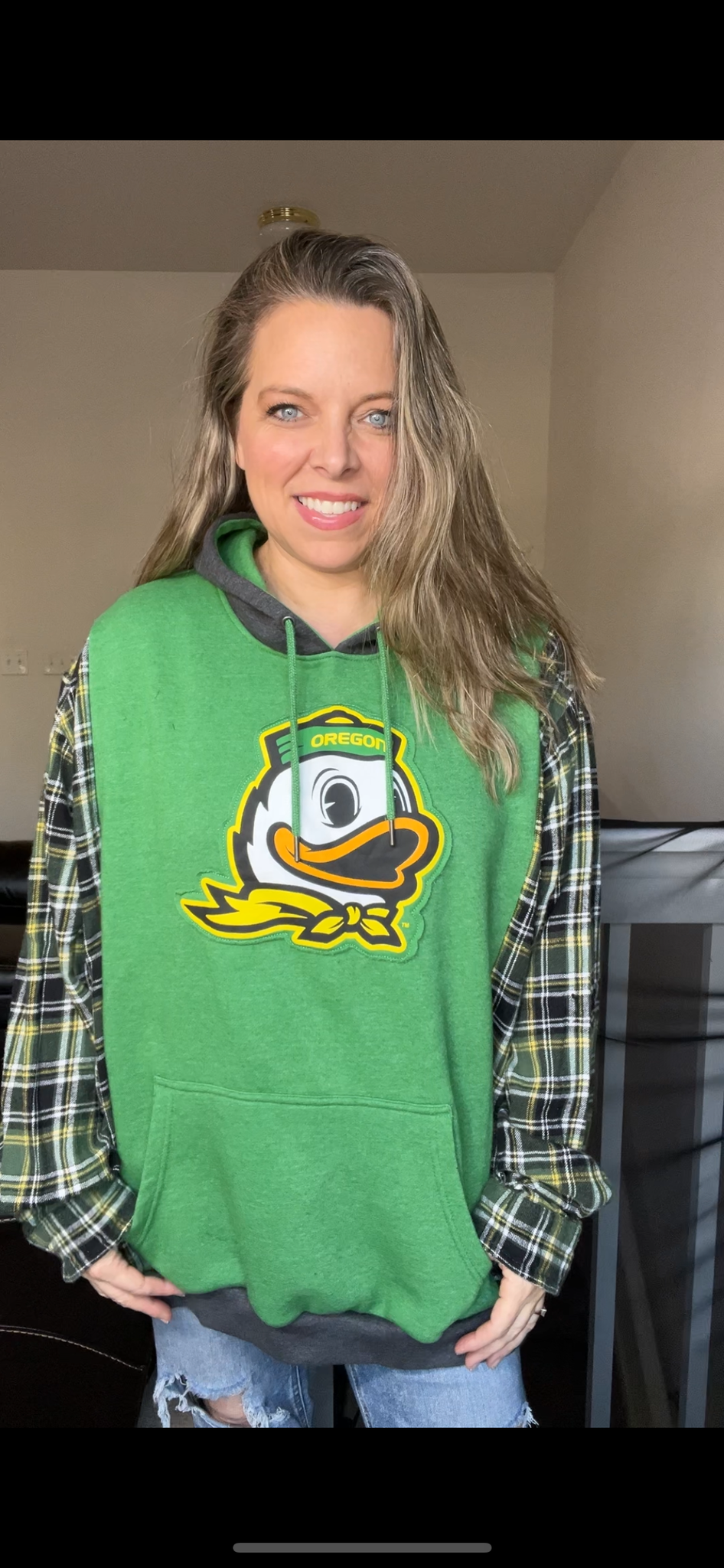 Upcycled Ducks – women’s 5X midweight sweatshirt with flannel sleeves