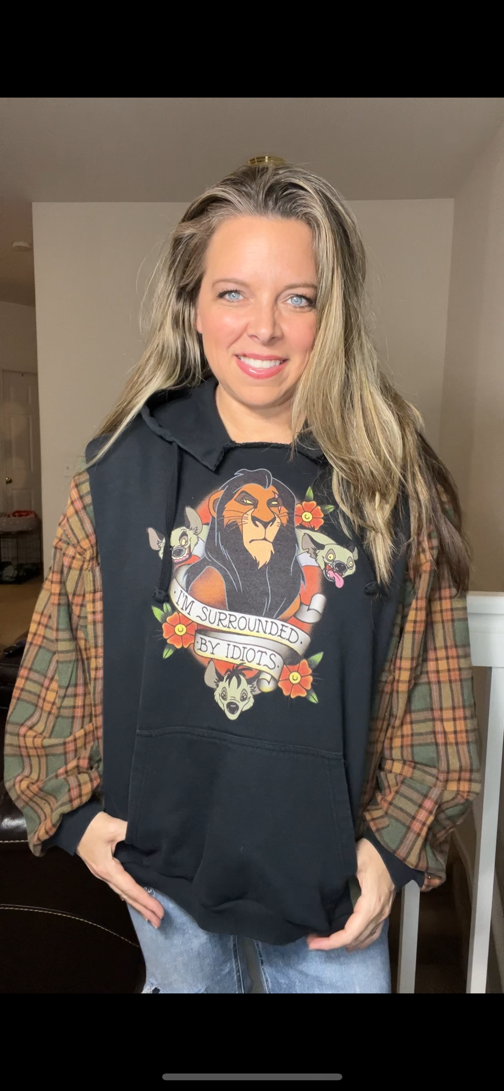 Upcycled Idiots – women’s 1X/2X midweight sweatshirt with flannel sleeves