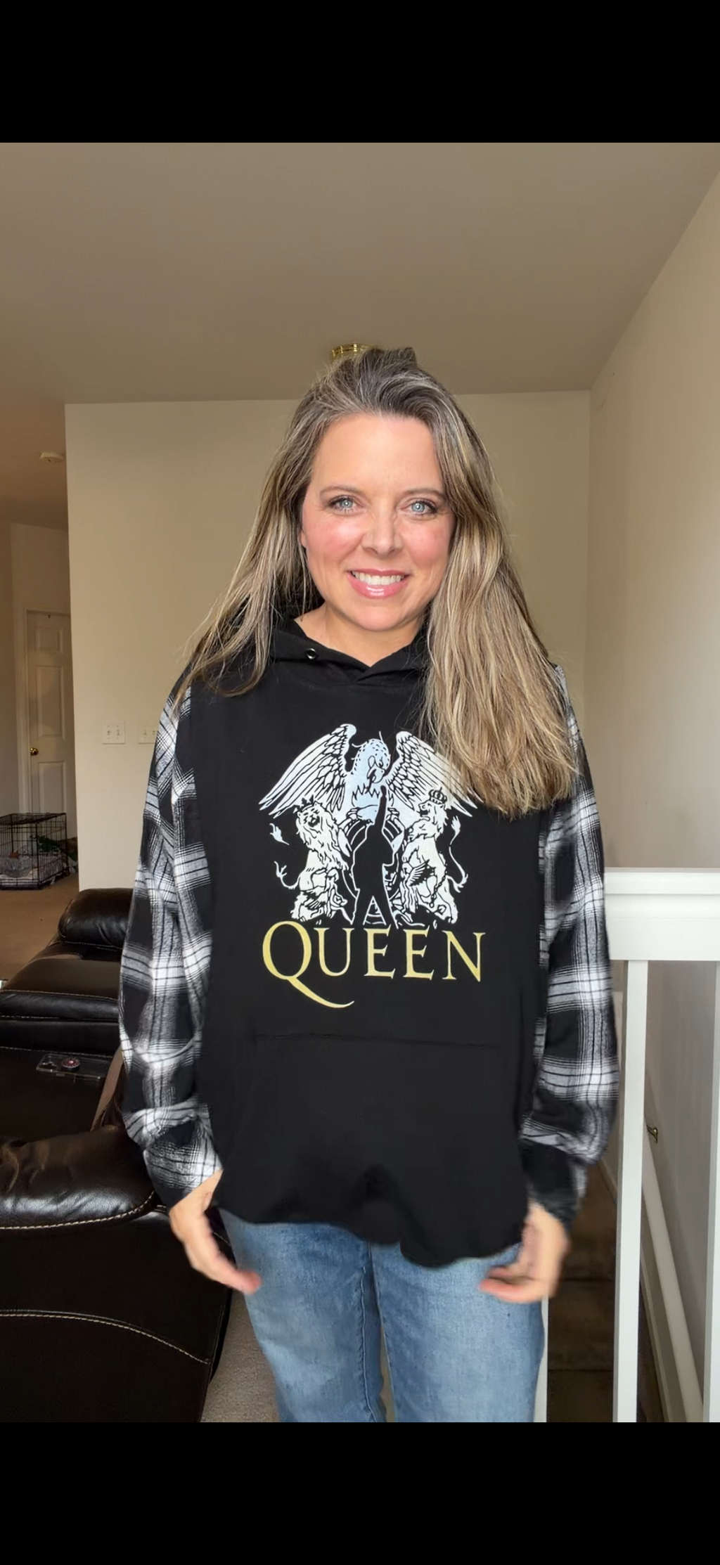 Upcycled Queen - women's medium/large midweight sweatshirt with flannel sleeves