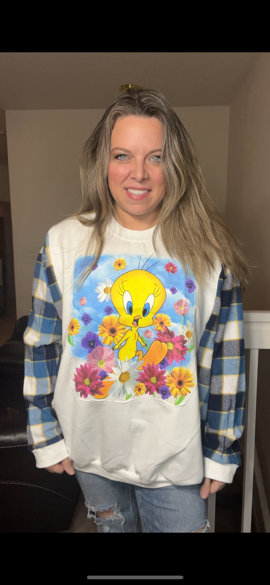 Upcycled Tweety bird – women’s 2X midweight sweatshirt with flannel sleeves