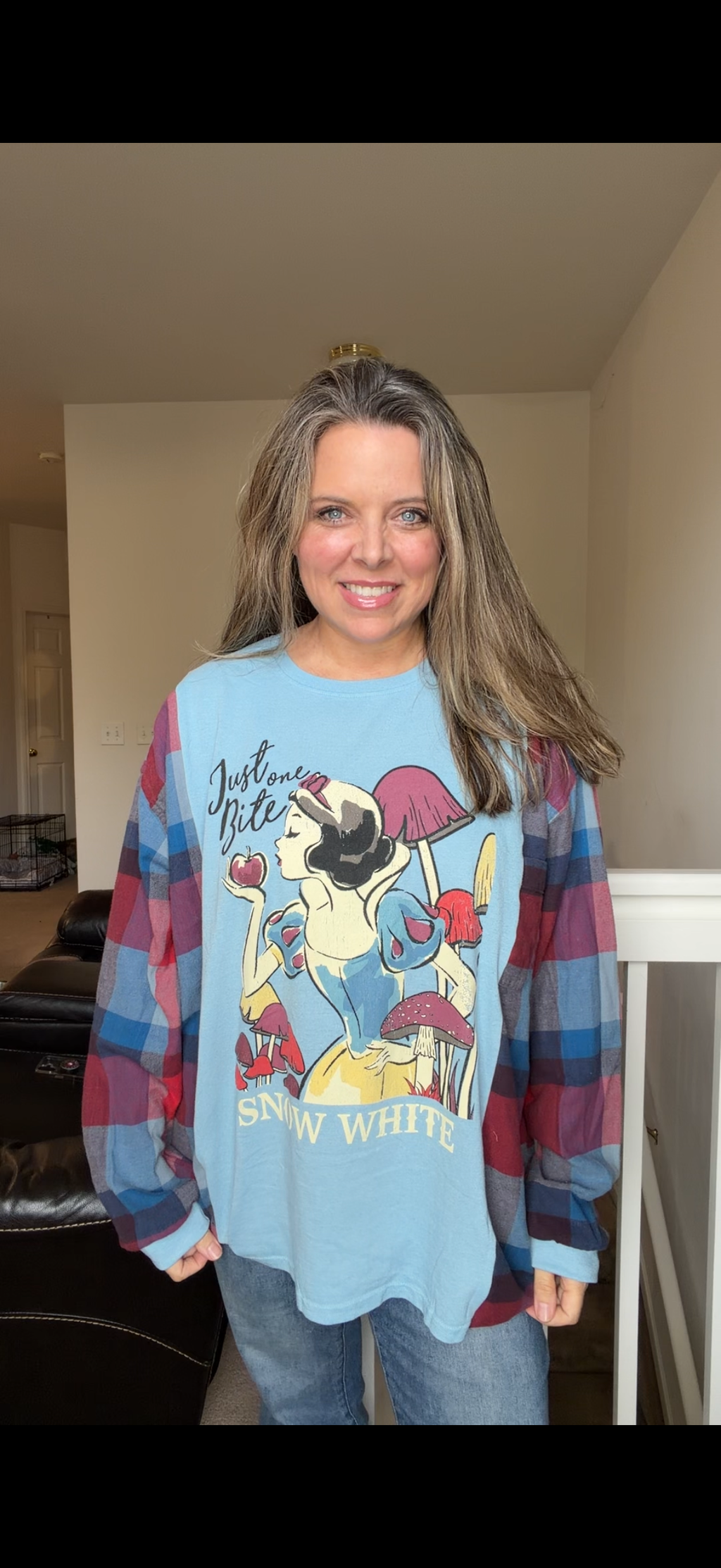 Upcycled Snow White - women's 3X/4X T-shirt with flannel sleeves