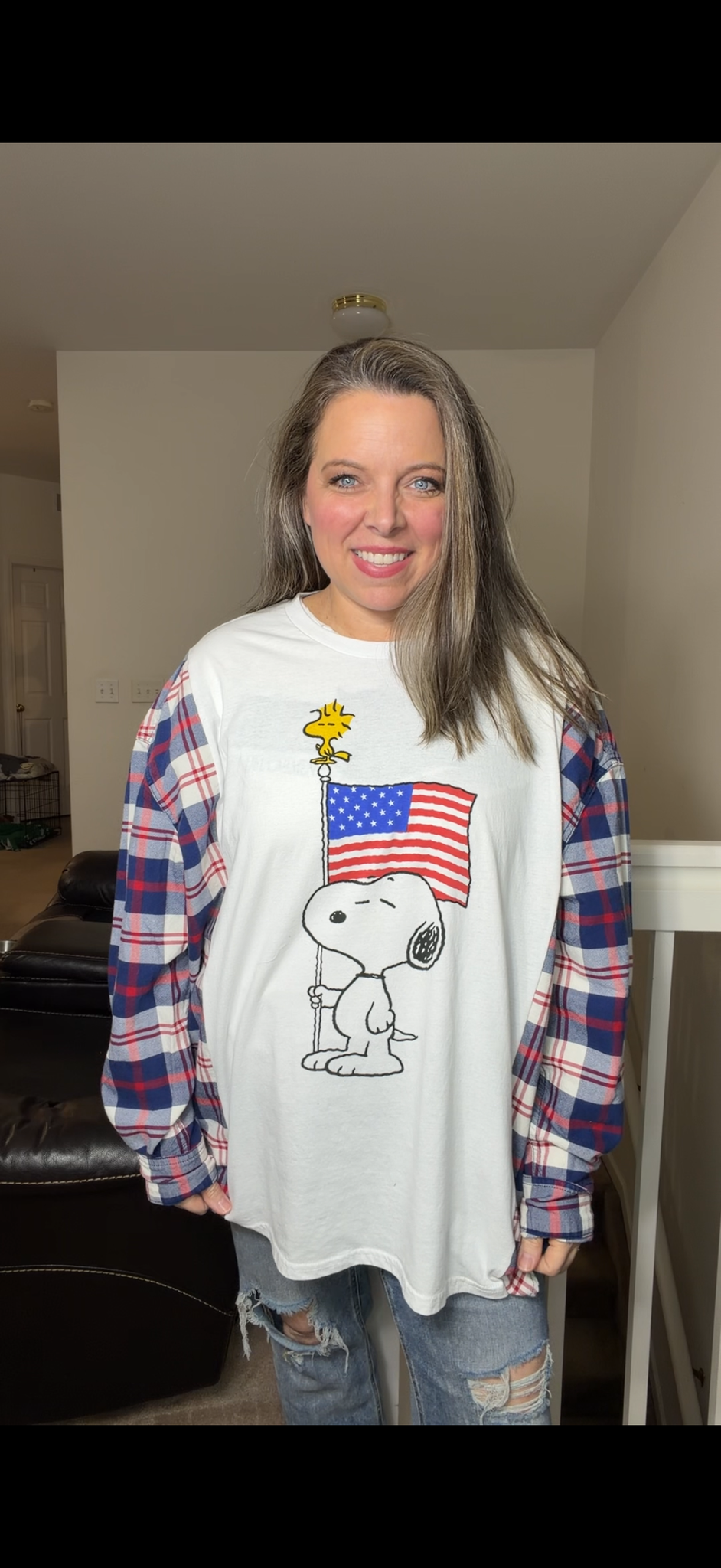 Upcycled Snoopy USA – women's 2X/3X T-shirt with flannel sleeves – sleeves slightly more narrow ￼