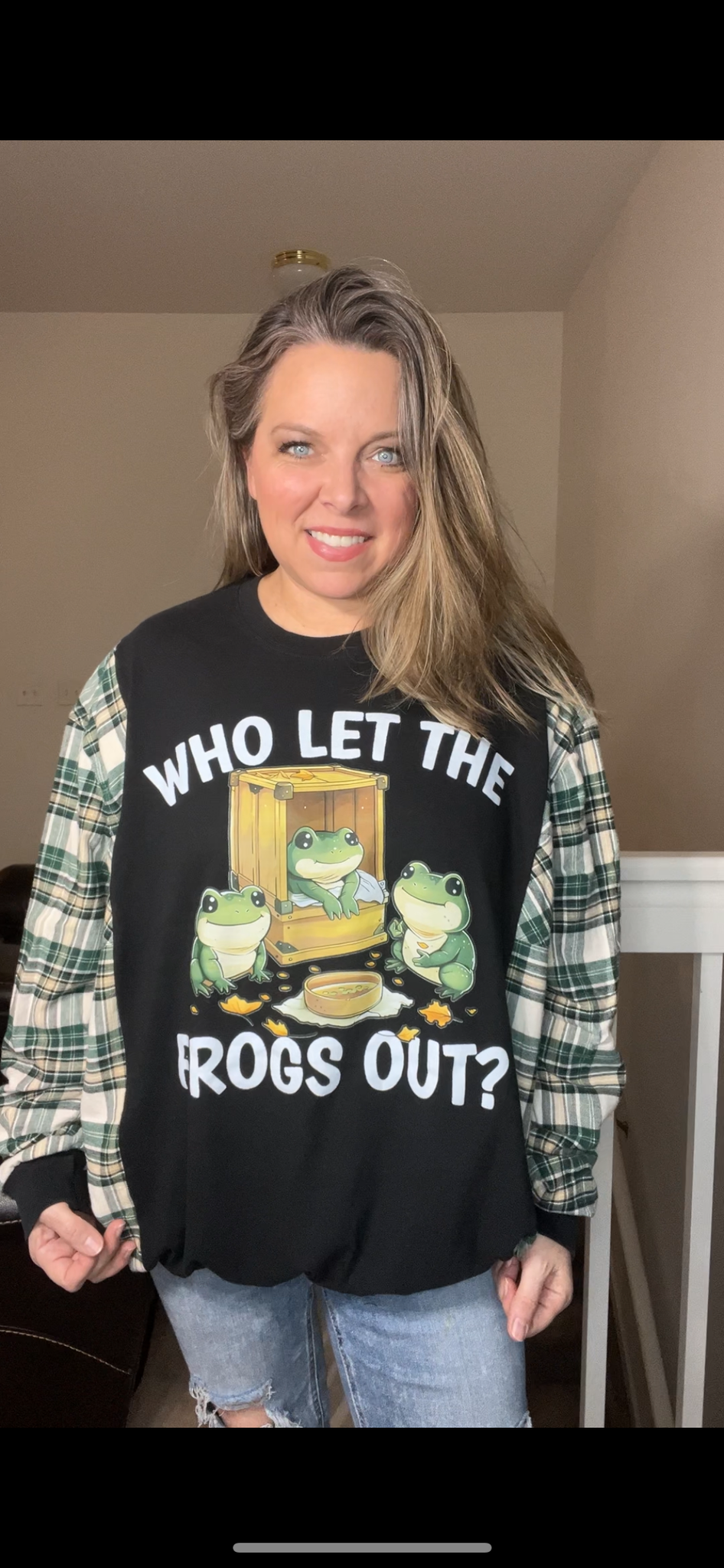 Upcycled Frogs – women’s 2X T-shirt with flannel sleeves
