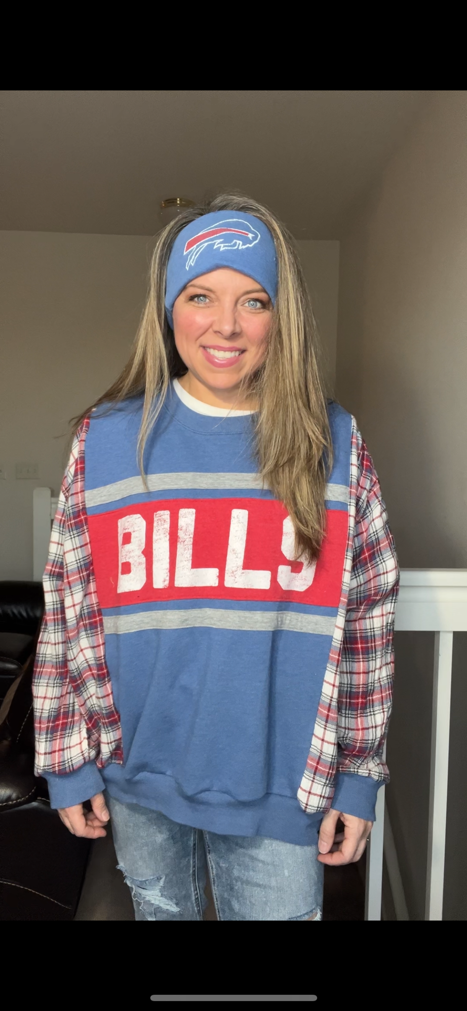 Upcycled Bills - Woman’s XL – midweight sweatshirt with flannel sleeves ￼