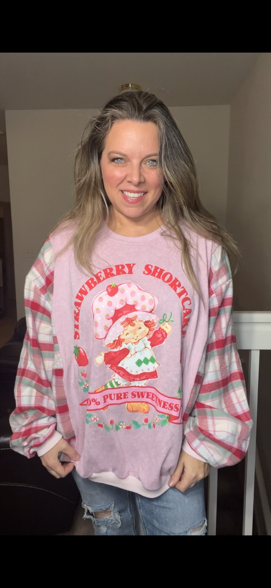 Upcycled Strawberry shortcake – women’s 2X/3X T-shirt with flannel sleeves
