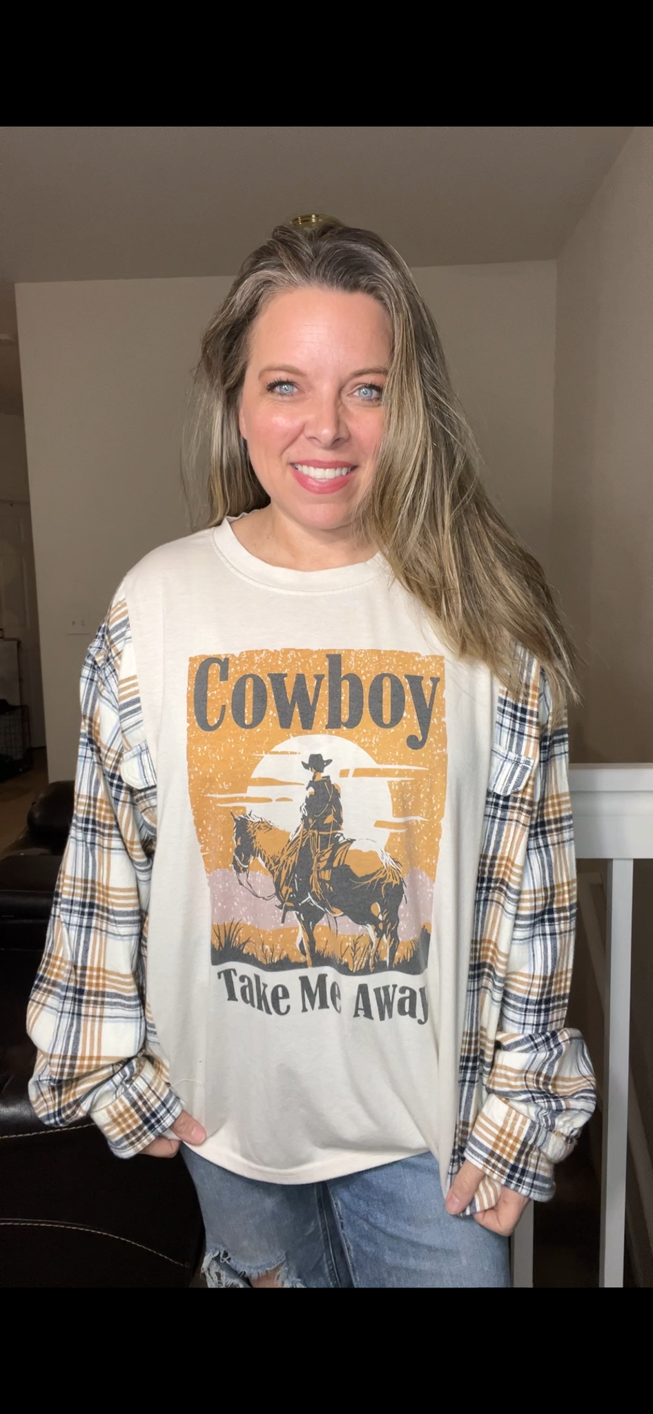 Upcycled Cowboy – women’s 4X T-shirt with flannel sleeves