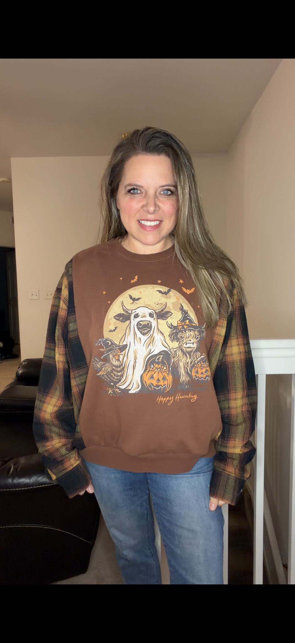 Upcycled Trick or treat - women's medium midweight sweatshirt with flannel sleeves