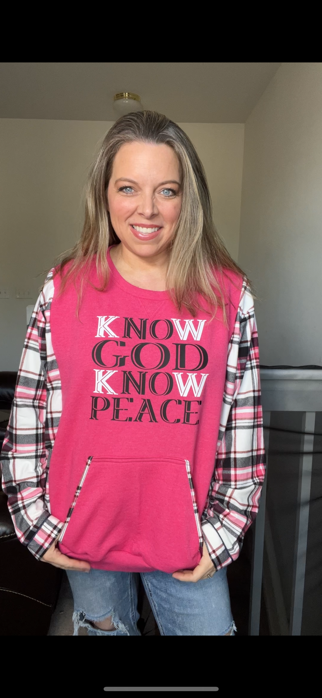 Upcycled Know God – women’s 1X/2X midweight sweatshirt with flannel sleeves