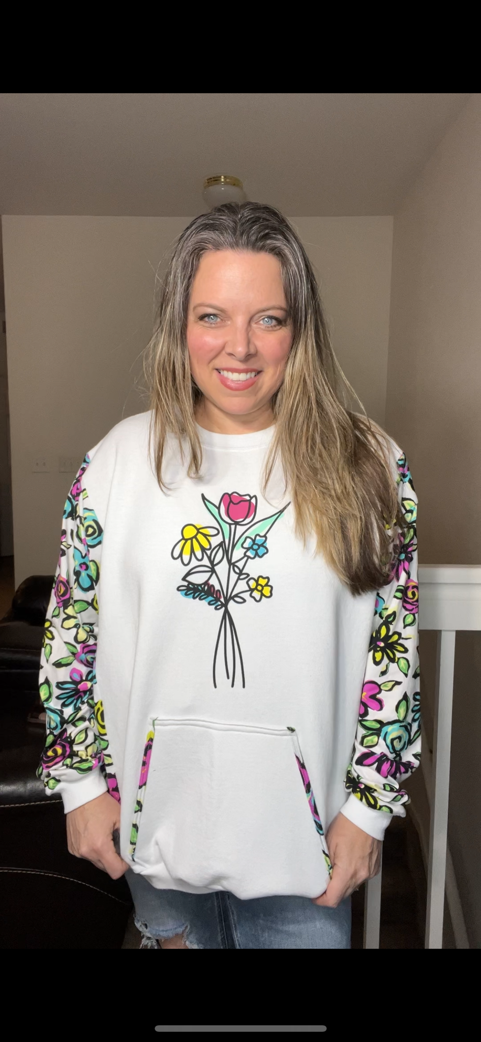 Upcycled Flowers – women’s 4X – midweight sweatshirt with stretch jersey sleeves – words can be added