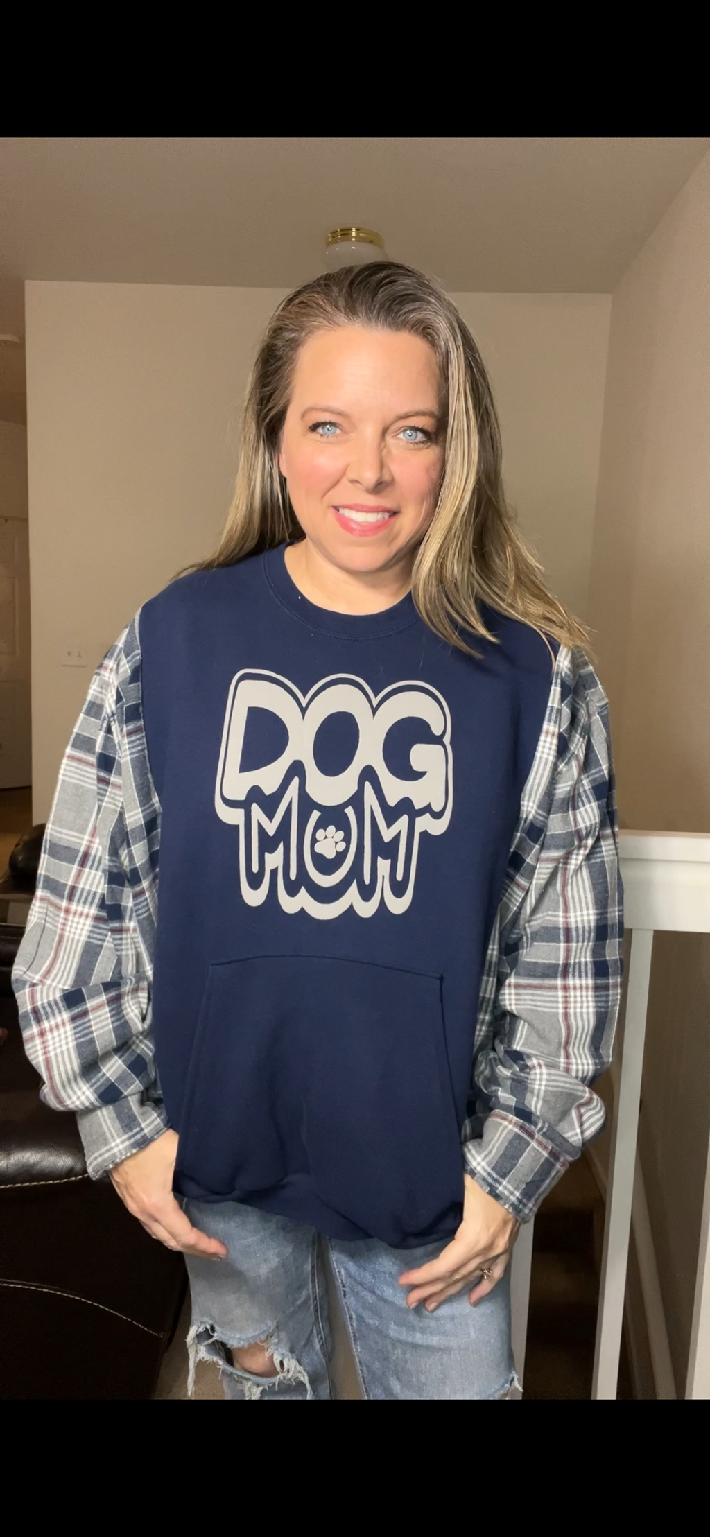 Upcycled Dog mom – women’s 1X midweight sweatshirt with flannel sleeves