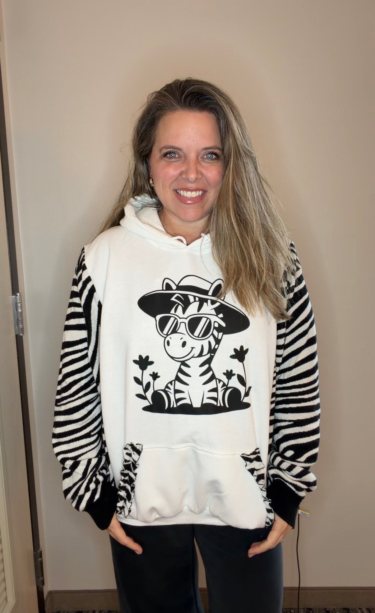 Upcycled Zebra - woman's 3X - midweight sweatshirt with soft sweater sleeves