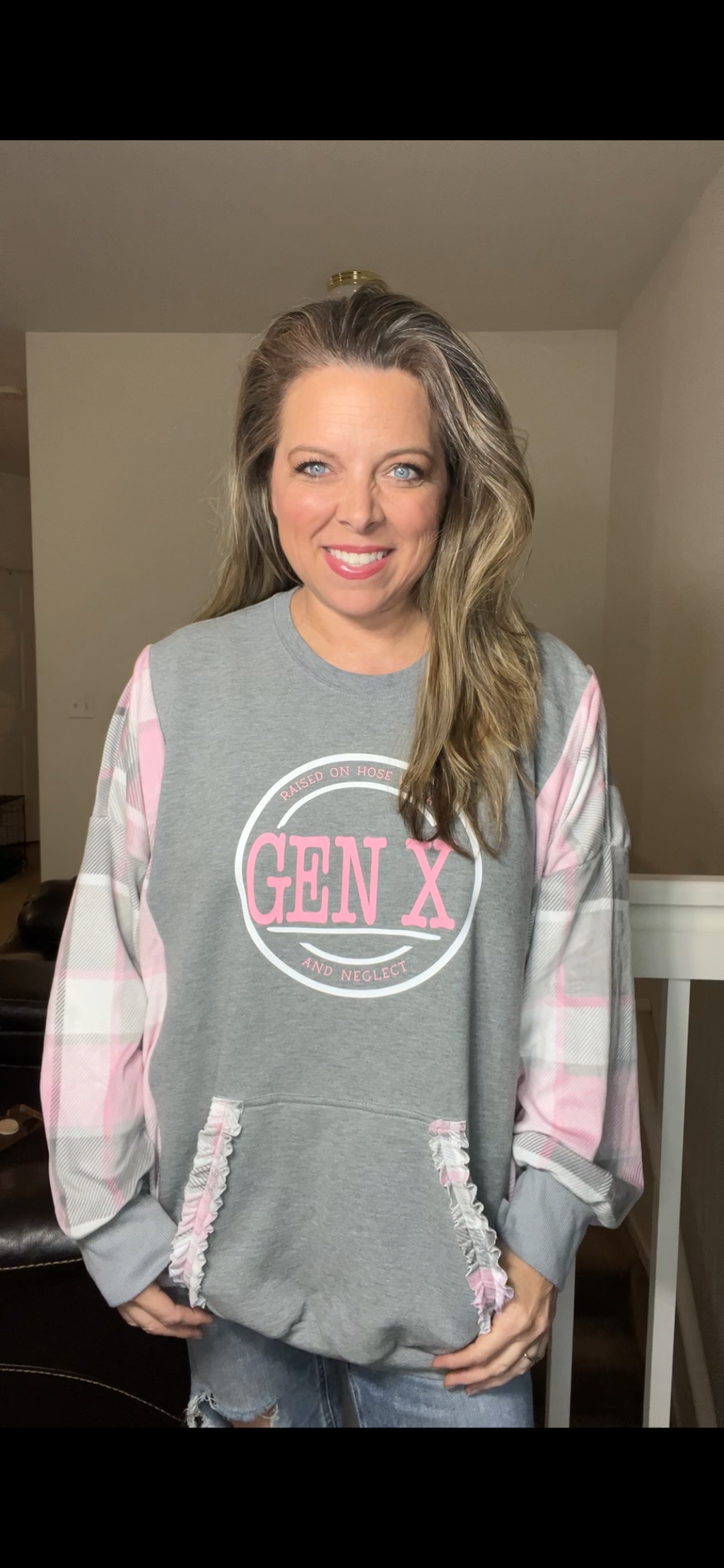 Upcycled Gen X pink – women’s 4X/5X midweight sweatshirt with stretchy sleeves