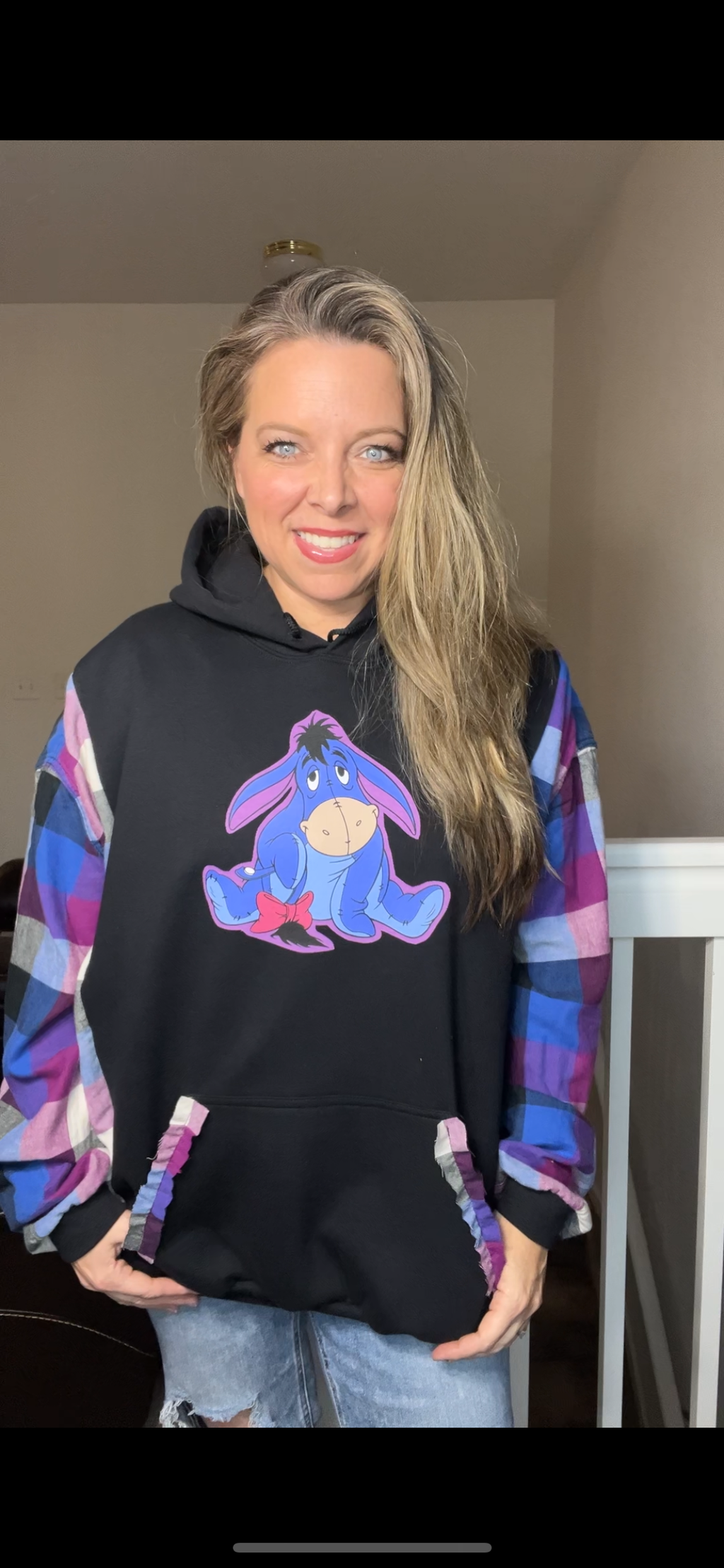 Upcycled Eeyore – women’s 3X midweight sweatshirt with flannel sleeves