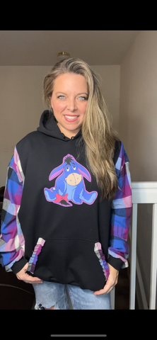 Upcycled Eeyore – women’s 3X midweight sweatshirt with flannel sleeves