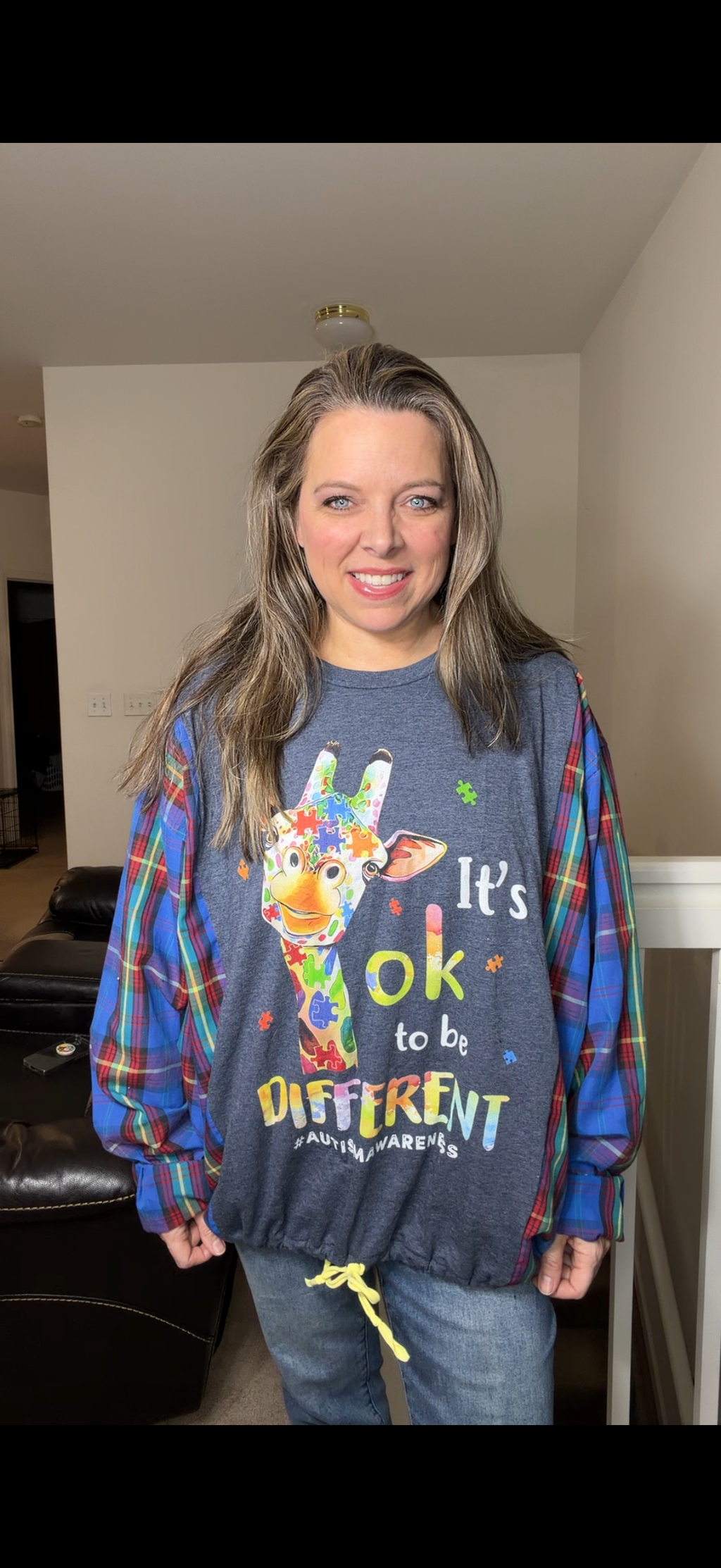 Upcycled Autism Giraffe- women's 3X/4X T-shirt with thin cotton sleeves ￼