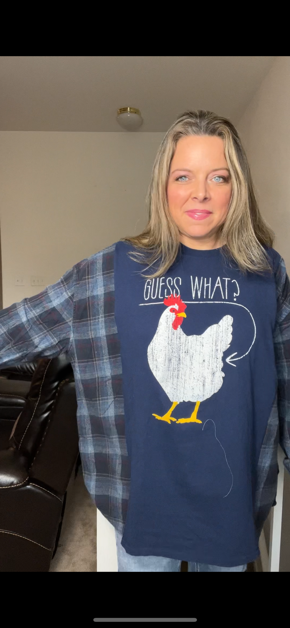 Upcycled Chicken - women’s 2X – tshirt with the flannel sleeves￼