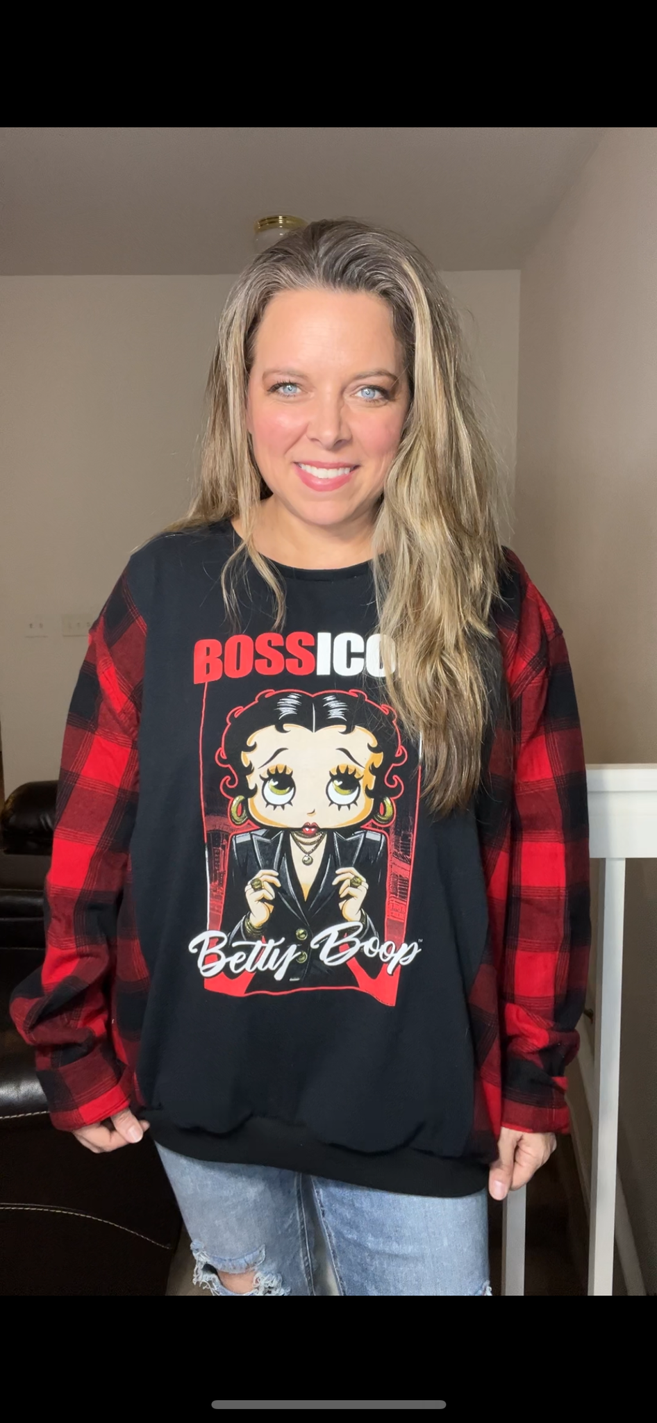 Upcycled Betty Boop – women’s 3X – T-shirt with flannel sleeves