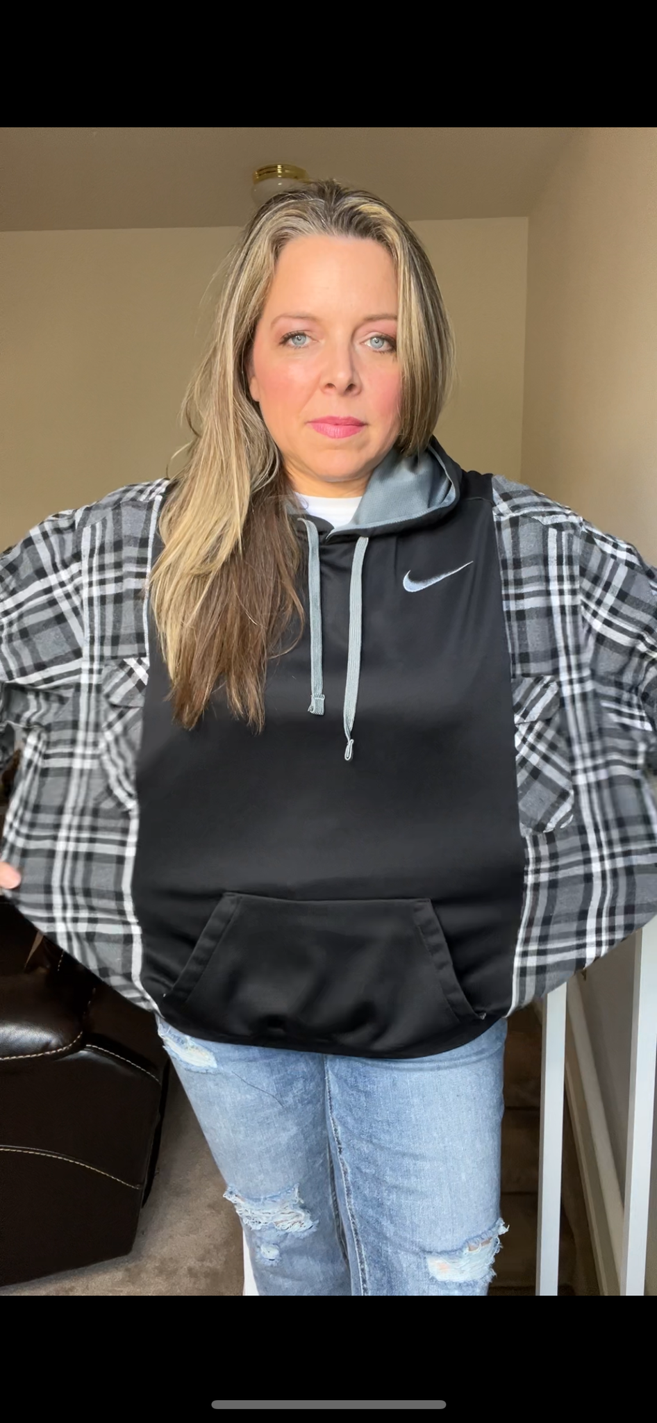 Upcycled Nike Black - women’s XL midweight sweatshirt with flannel sleeves￼