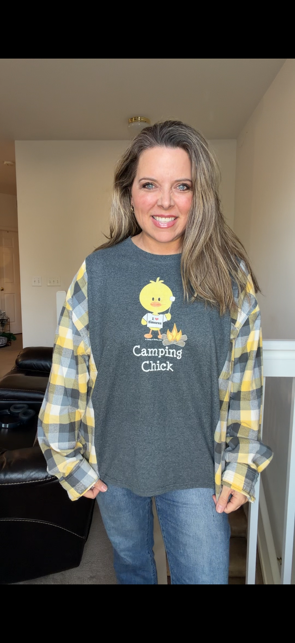 Upcycled Camping Chick - women's 1X T-shirt with flannel sleeves