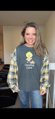 Upcycled Camping Chick - women's 1X T-shirt with flannel sleeves