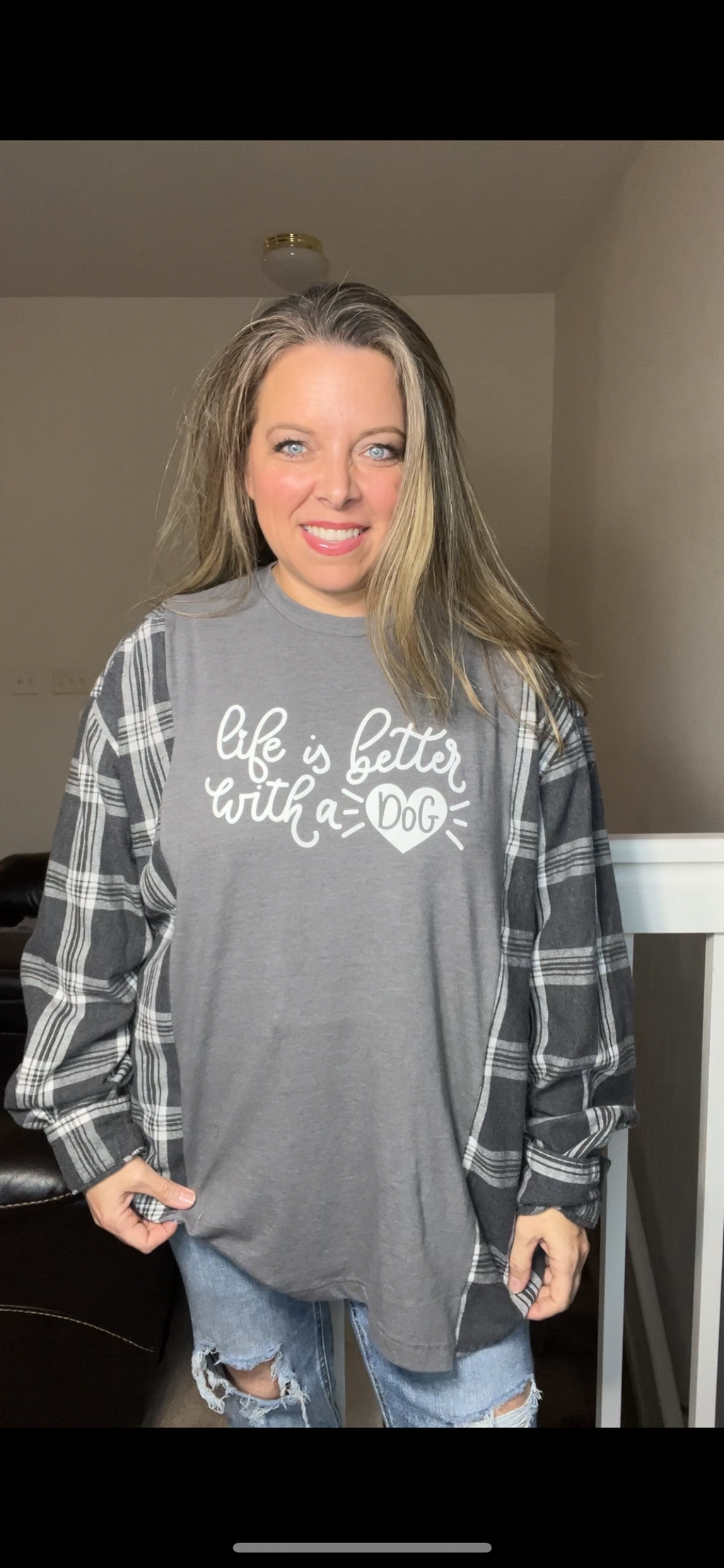 Upcycled Dog – women’s 2X/3X T-shirt with flannel sleeves