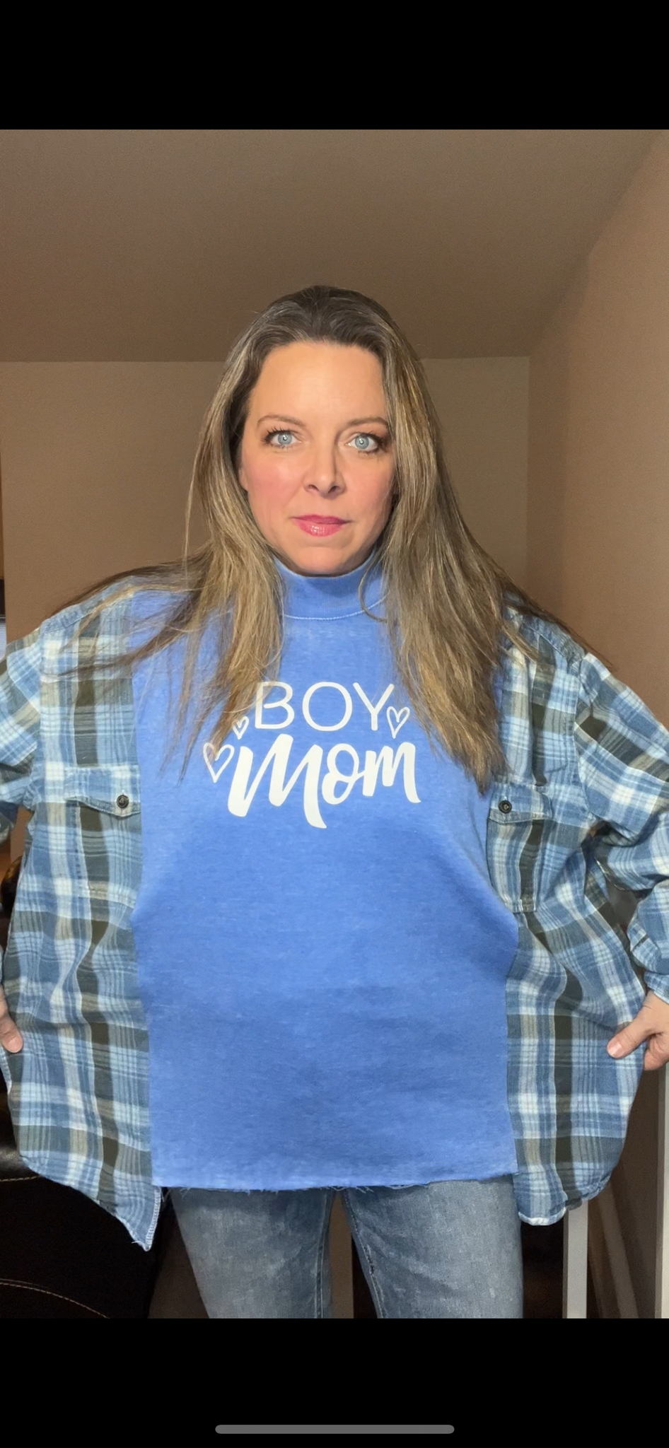 Upcycled Boy Mom – women’s 1X/2X – thin sweatshirt with flannel sleeves – mock turtleneck can be removed – bottom band can be added￼