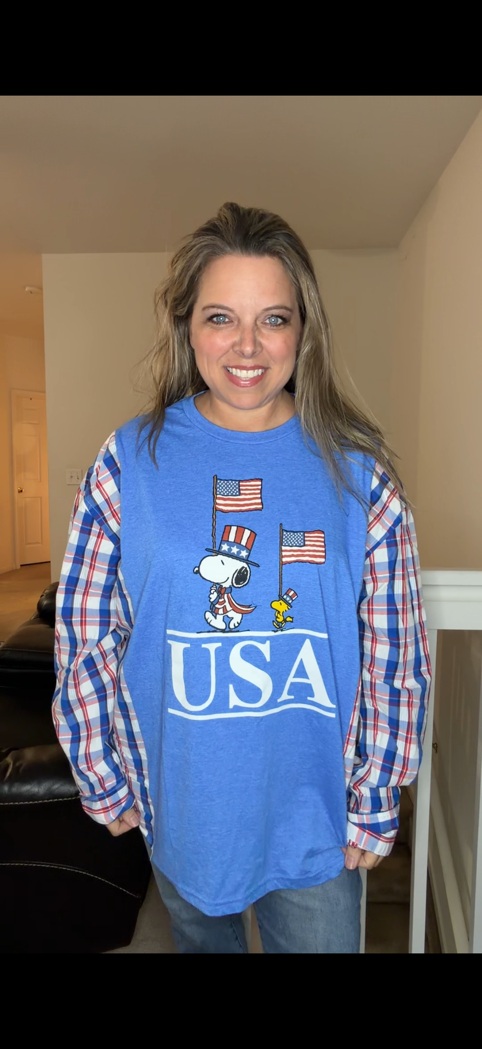 Upcycled Snoopy USA - women's 1X/2X T-shirt with cotton sleeves