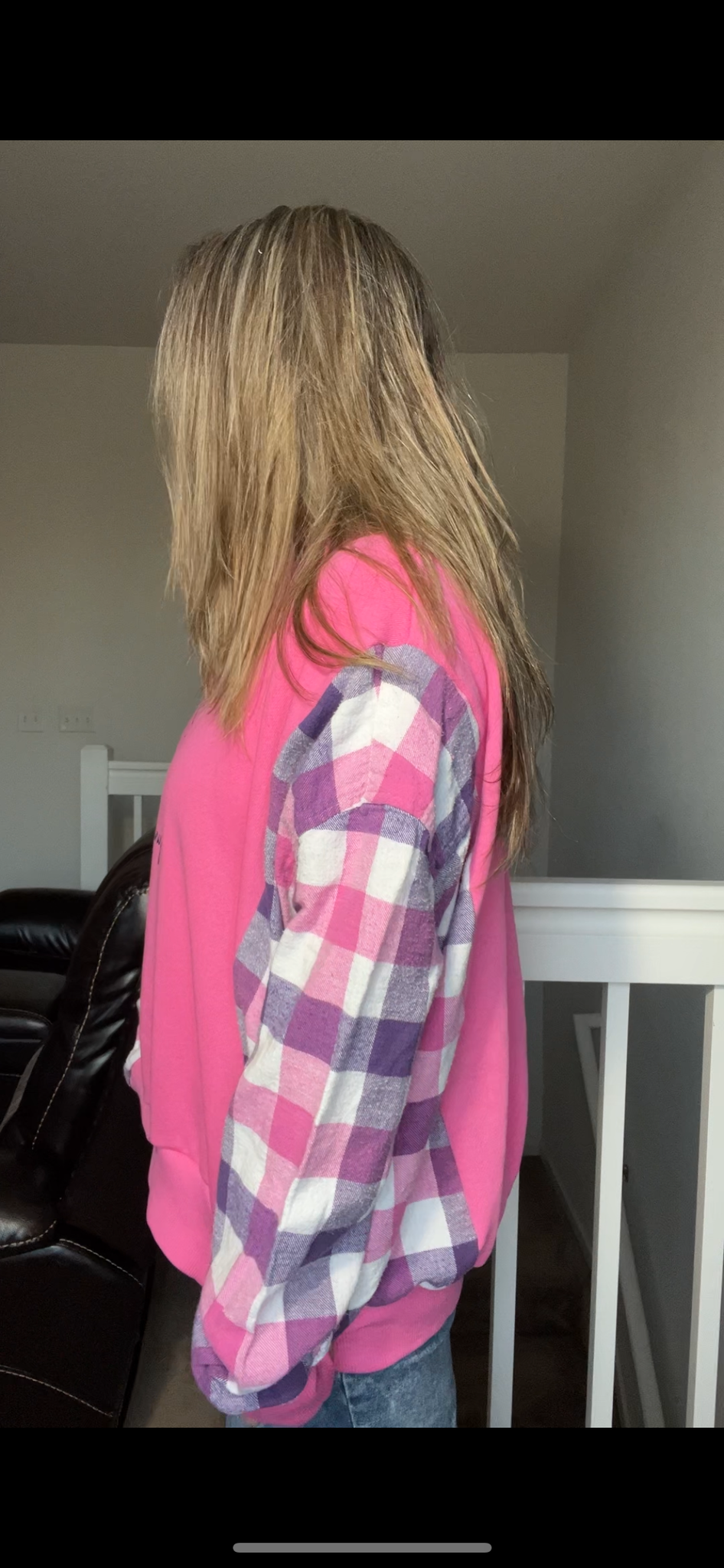 Upcycled Honey Bunny Pink – women’s XL/1X – thin sweatshirt with flannel sleeves￼