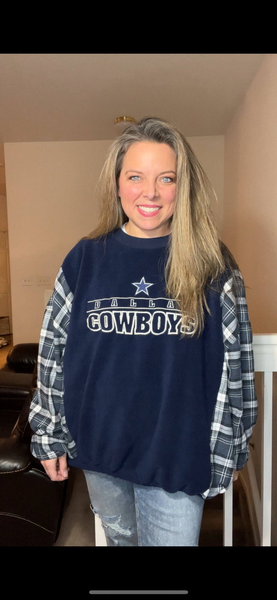 Upcycled Cowboys – women’s 1X – fuzzy sweatshirt with flannel sleeves ￼