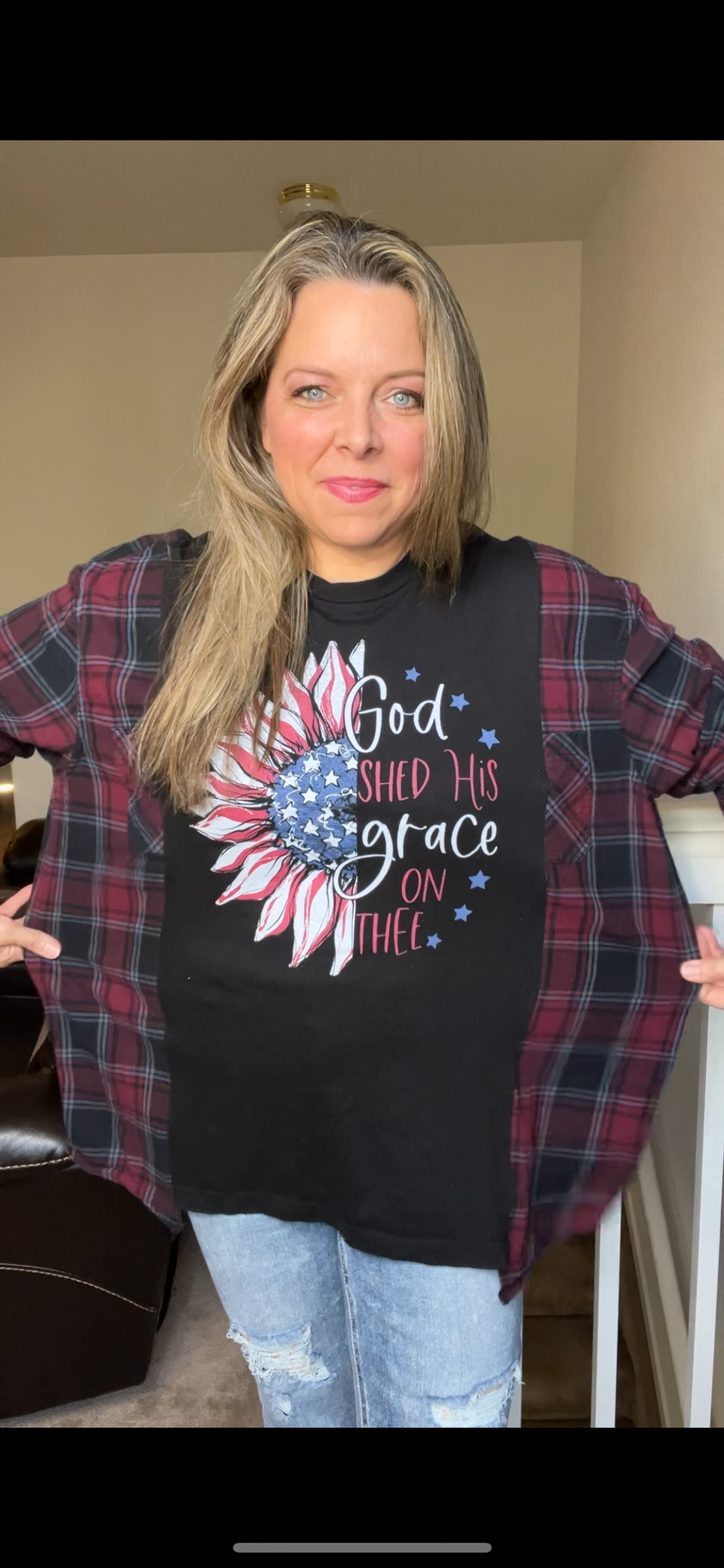 Upcycled God Light – women’s 1X T-shirt with flannel sleeves￼