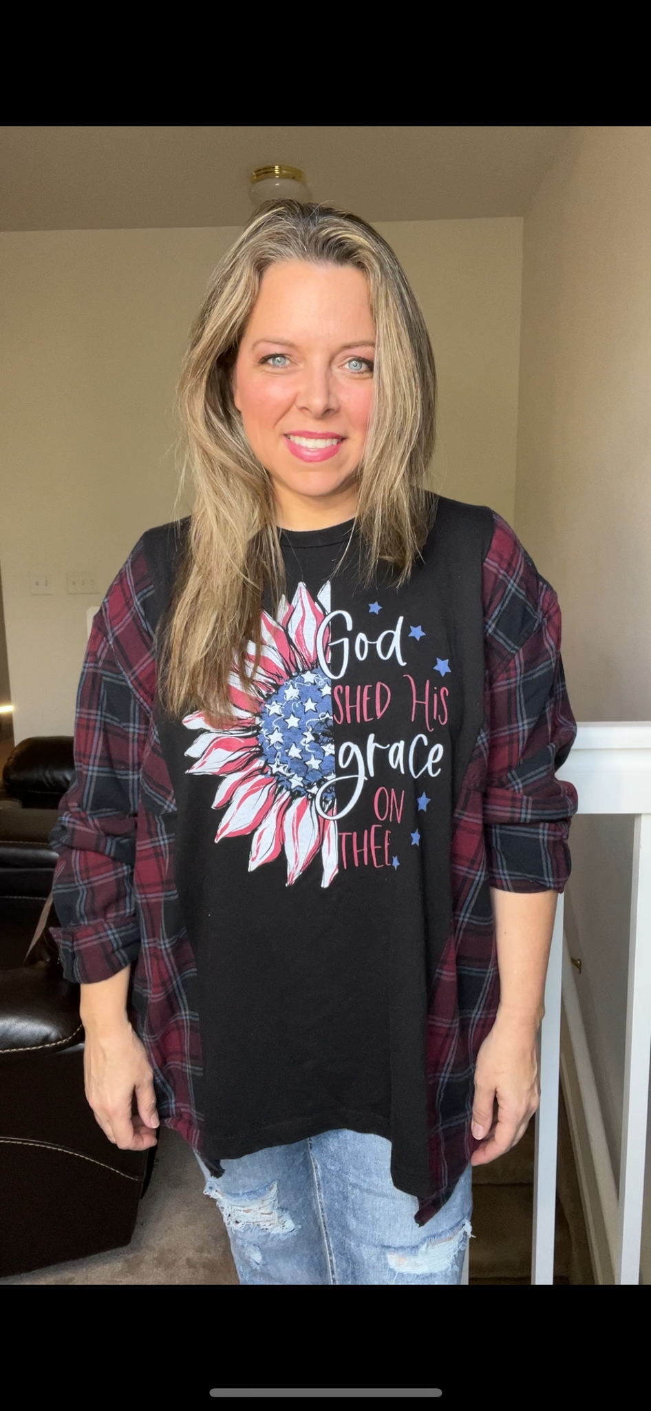 Upcycled God Light – women’s 1X T-shirt with flannel sleeves￼