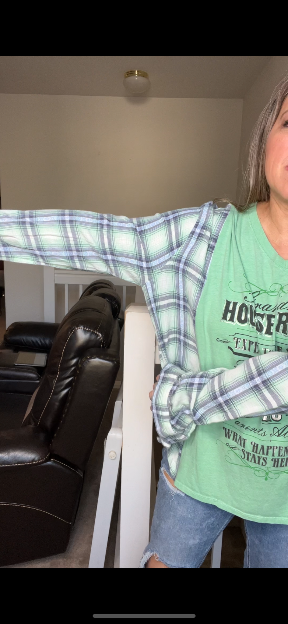 Upcycled Grandma – women’s 1X T-shirt with flannel sleeves – sleeves more fitted