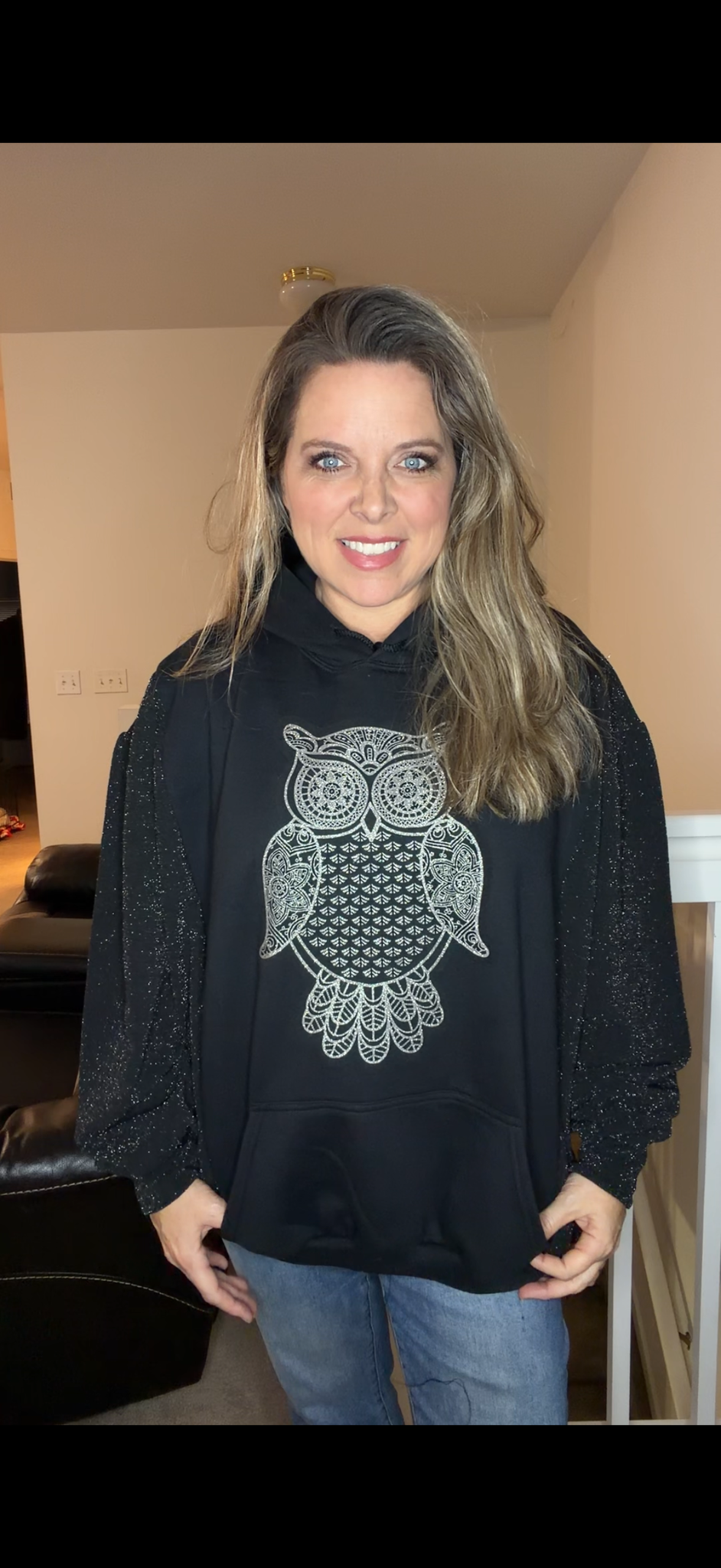 Upcycled Owl - women's 2X midweight sweatshirt with stretch sleeves